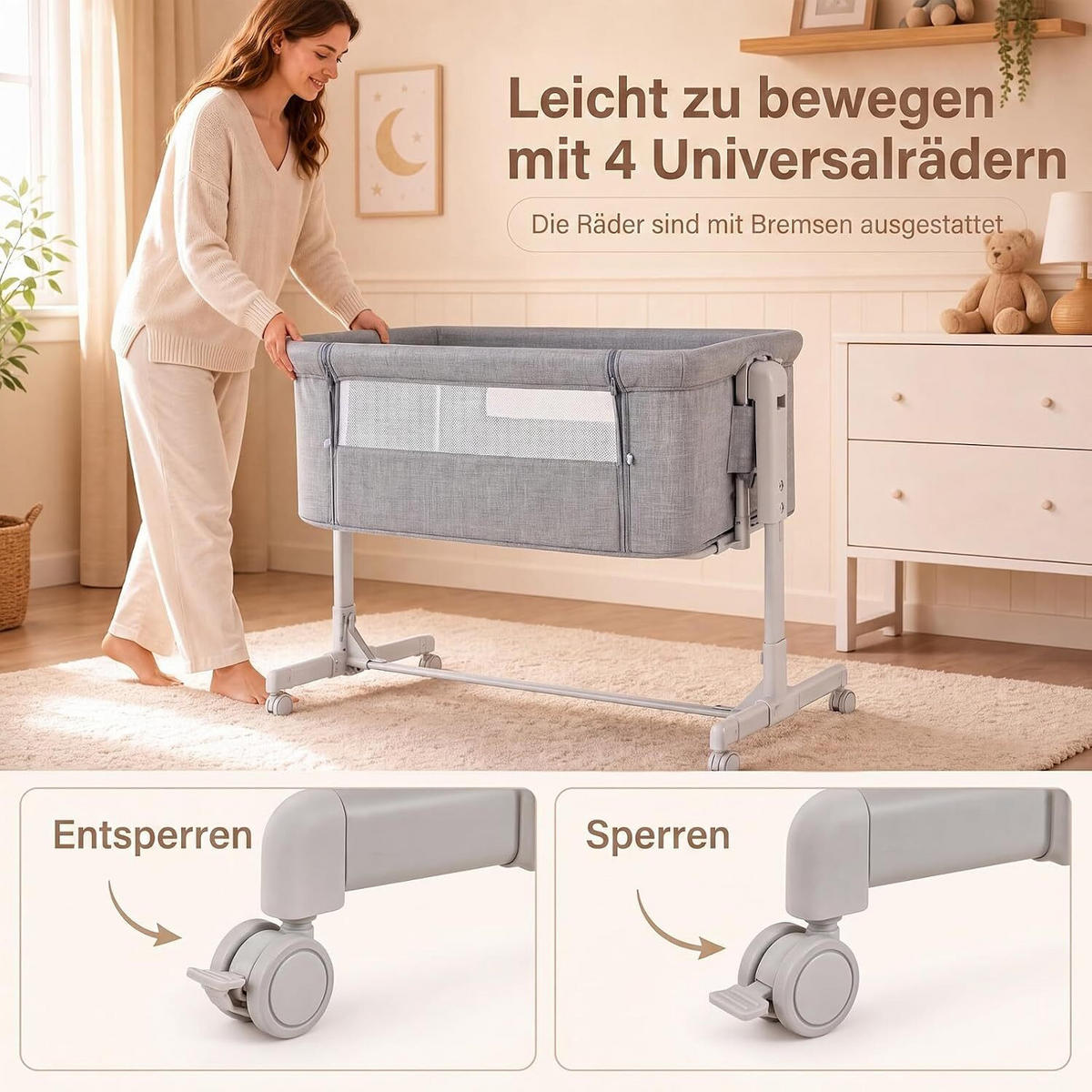 BABYWIEGE höhenverstellbar grau - Grau, Textil - COSTWAY