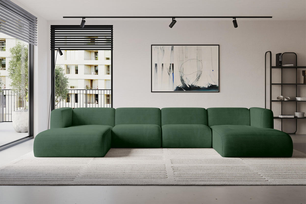 WOHNLANDSCHAFT MIRA-U2 408x179x70 Grün Cord - Salbeigrün/Schwarz, Holzwerkstoff/Kunststoff (408/70/179cm) - ALTDECOR