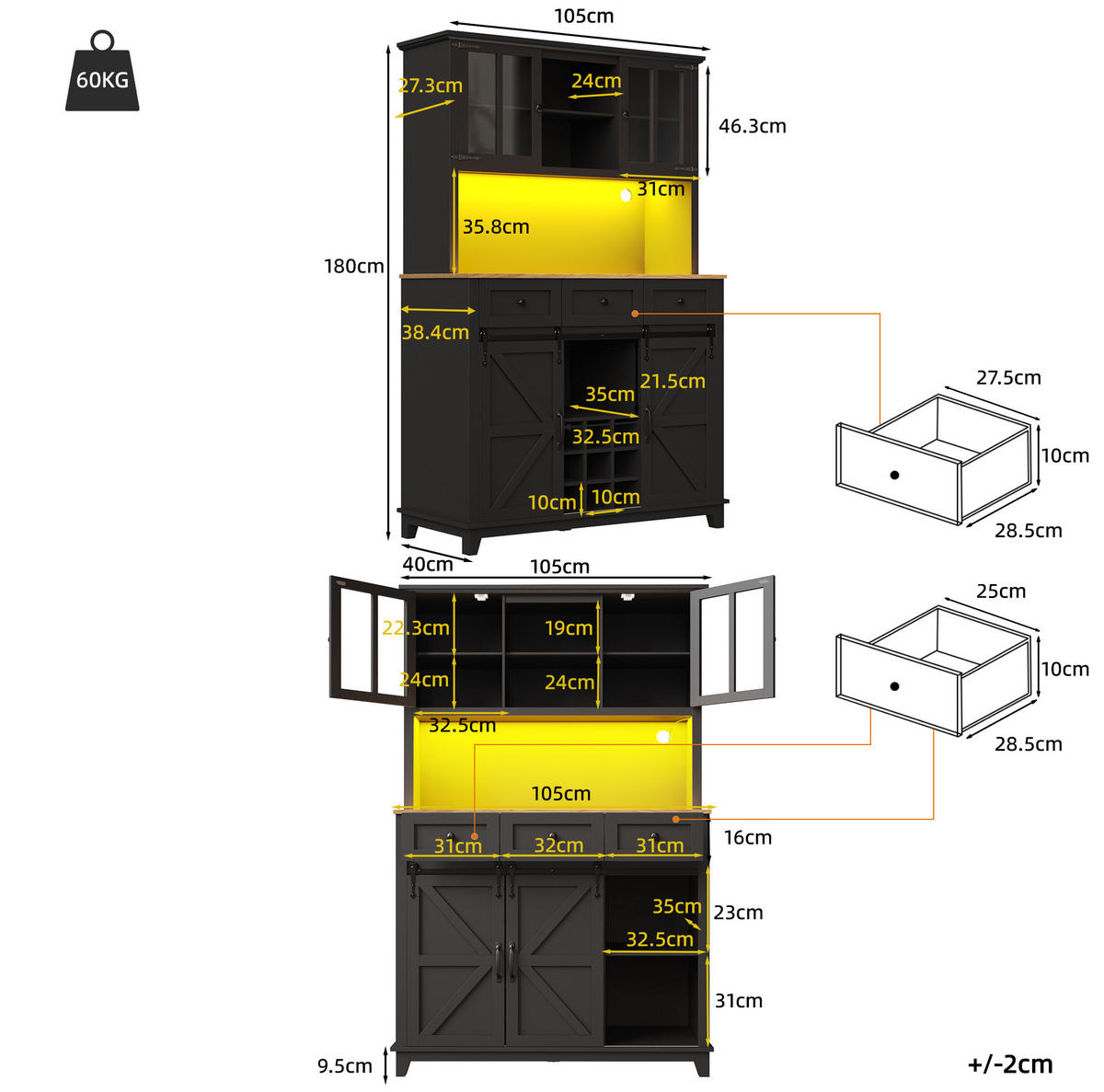 BUFFETSCHRANK 105/38,4/180 cm aus MDF mit LED-Beleuchtung, Schiebetür im Scheunenlook und verstellbaren Ablagen, Schwarz - Schwarz, Holzwerkstoff (105/180/38.4cm) - Redom