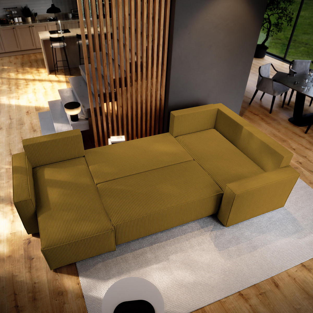 WOHNLANDSCHAFT NORENA R-S Gelb Kordstoff mit Schlaffunktion - Gelb, Holz (295/85/157.5cm) - MASSENO