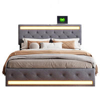 DOPPELBETT 160x200cm grau leinen led usb typ-c schubladen - Grau, Metall - SHOPENTRA