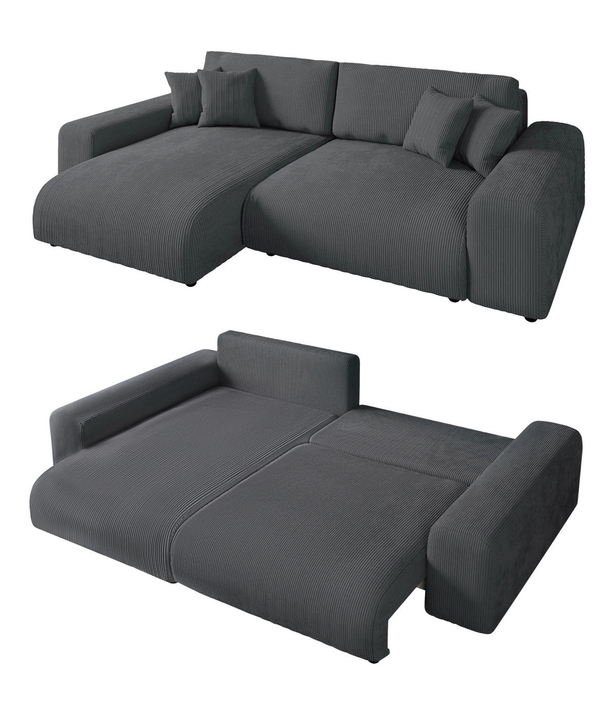 ECKSOFA mit Schlaffunktion, Bettkasten, Wellenunterfederung, seitenverkehrt montierbar B255/T165/H84 cm, Liegefl. 148x196 cm, Cord Grau / 21006 - Schwarz/Grau, Kunststoff/Textil (255/165cm) - luma-home