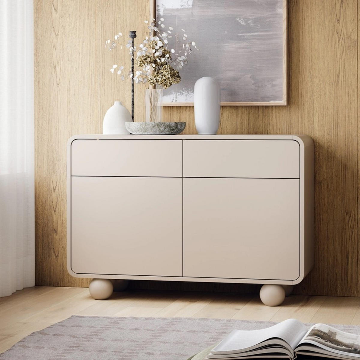 KOMMODE ORION (Cashmere, Abgerundete Kanten, Kugelfüße, Push to Open) - Kaschmir, Holz/Holzwerkstoff (108/75/39cm) - Ravio