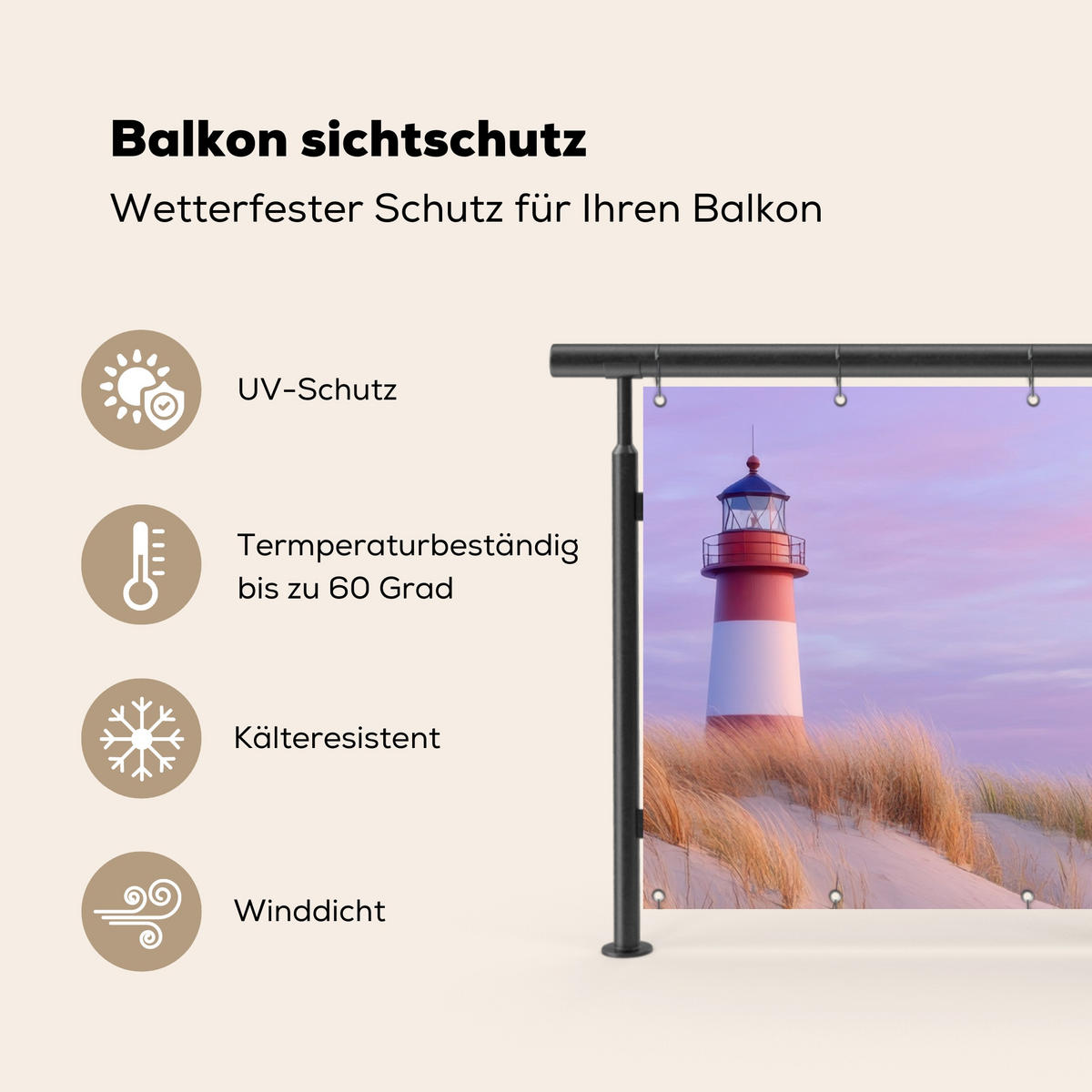 BALKON-SICHTSCHUTZ Leuchtturm - Dünen - Sonnenuntergang 200x110 cm - Hellrosa, Kunststoff (200/110cm) - MuchoWow