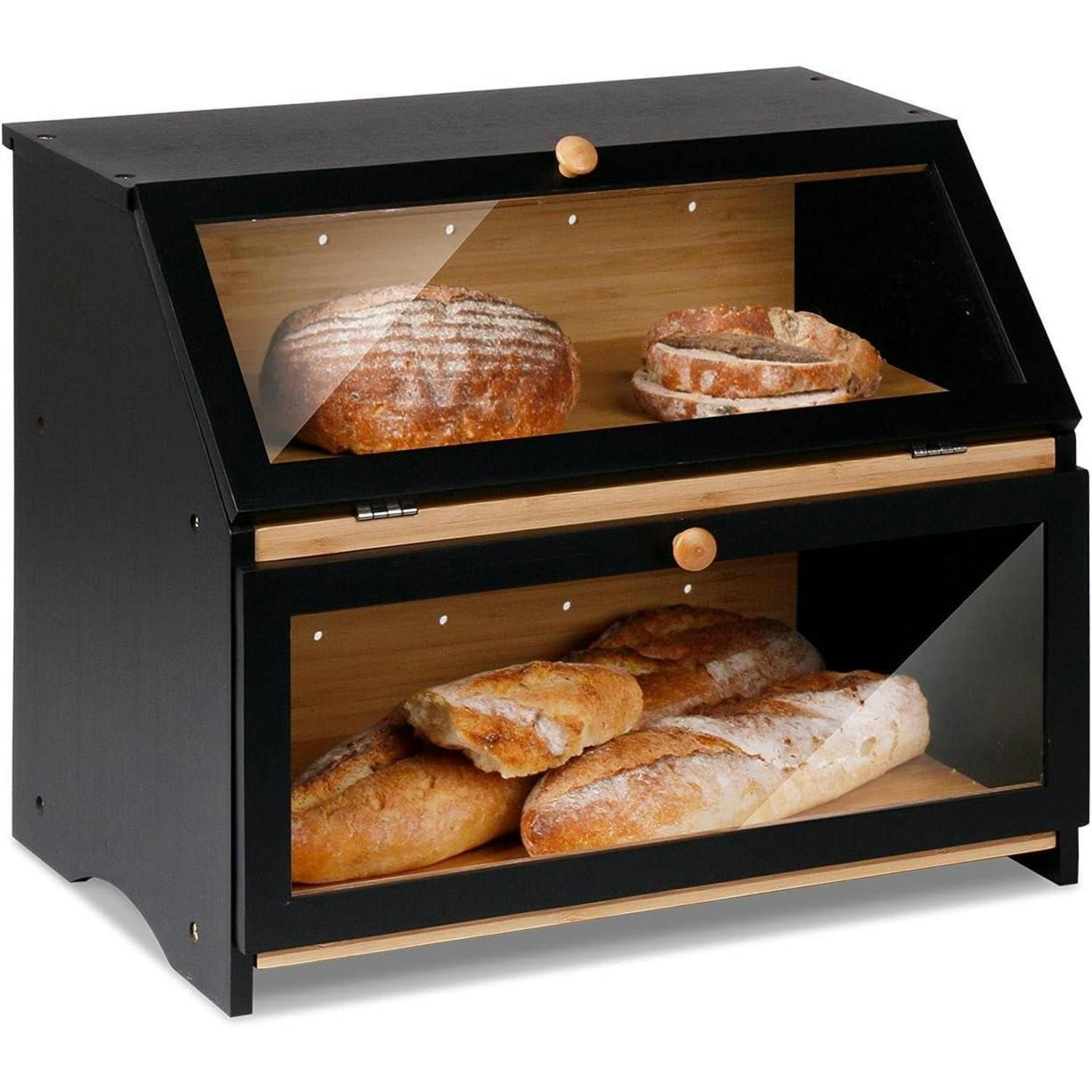 BROTKASTEN 2 Etagen Bambus Schwarz 39 cm - Schwarz, Naturmaterialien (25/32/39cm)