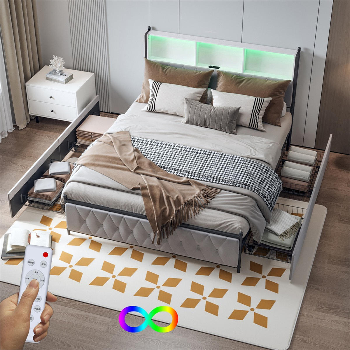 POLSTERBETT 160x200 cm mit 4 Schubladen - Kopfteil mit Stauraumfächern,USB&Type-C Ladestation und LED-Beleuchtung - Beige, Textil (160/200cm) - DELFA
