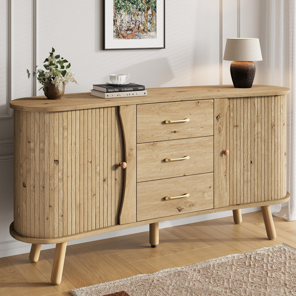 SIDEBOARD Erbsenform Rillenoptik - Naturfarben, Holzwerkstoff (150/75/36.5cm)