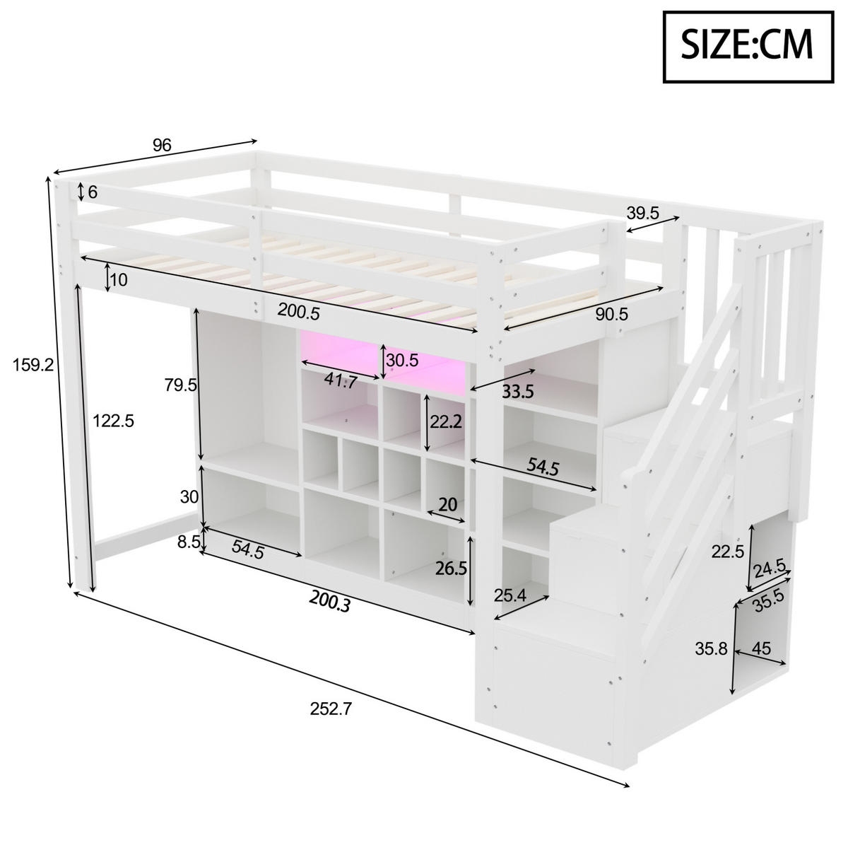 HOCHBETT 90/200 cm Weiß mit Stauraum und LED-Beleuchtung - Weiß, Holz (90/200cm) - MIVRAY