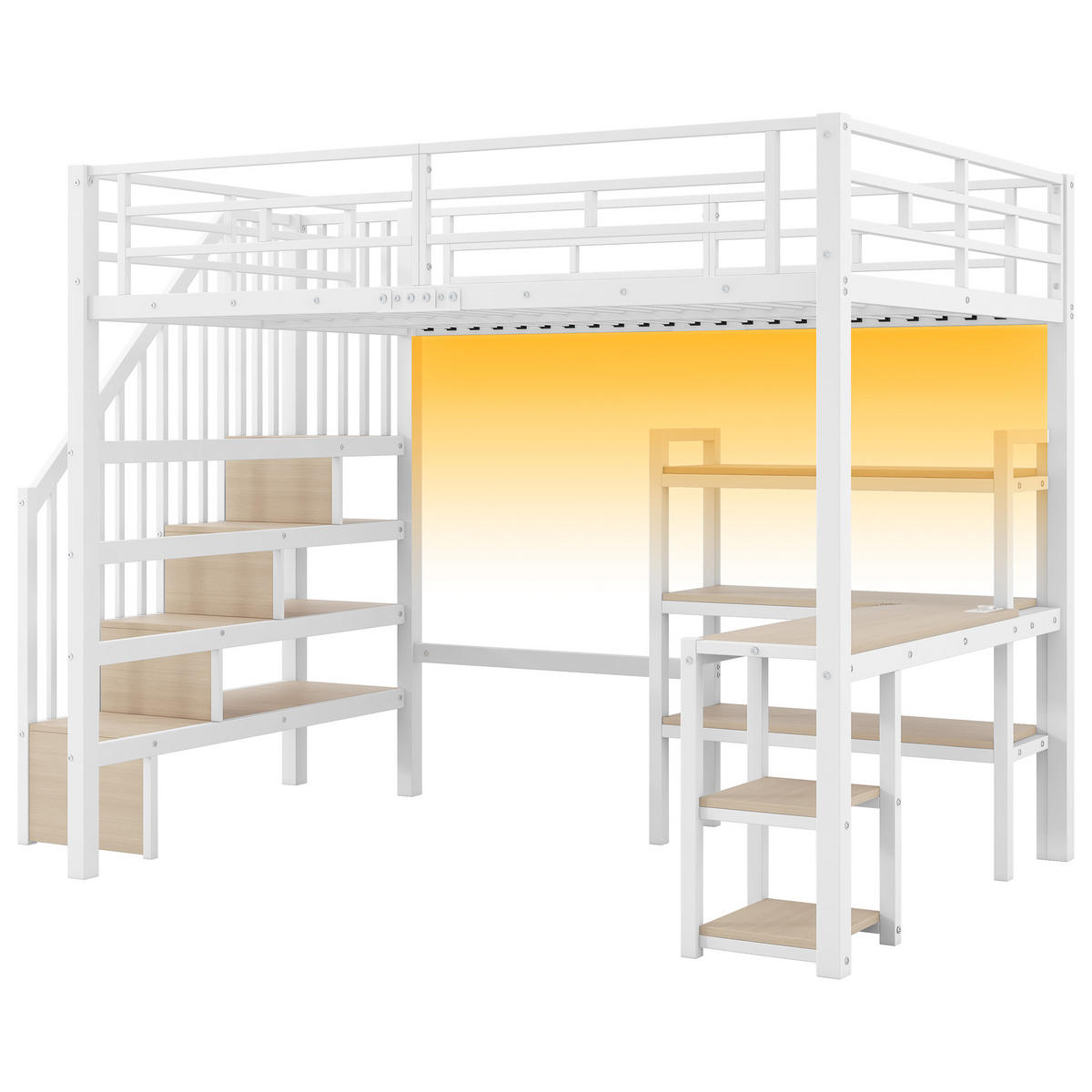 HOCHBETT 140/200 cm in Weiß mit Schreibtisch, Ablagefächern, LED und USB - Weiß, Holzwerkstoff/Metall (140/200cm) - WISHDOR