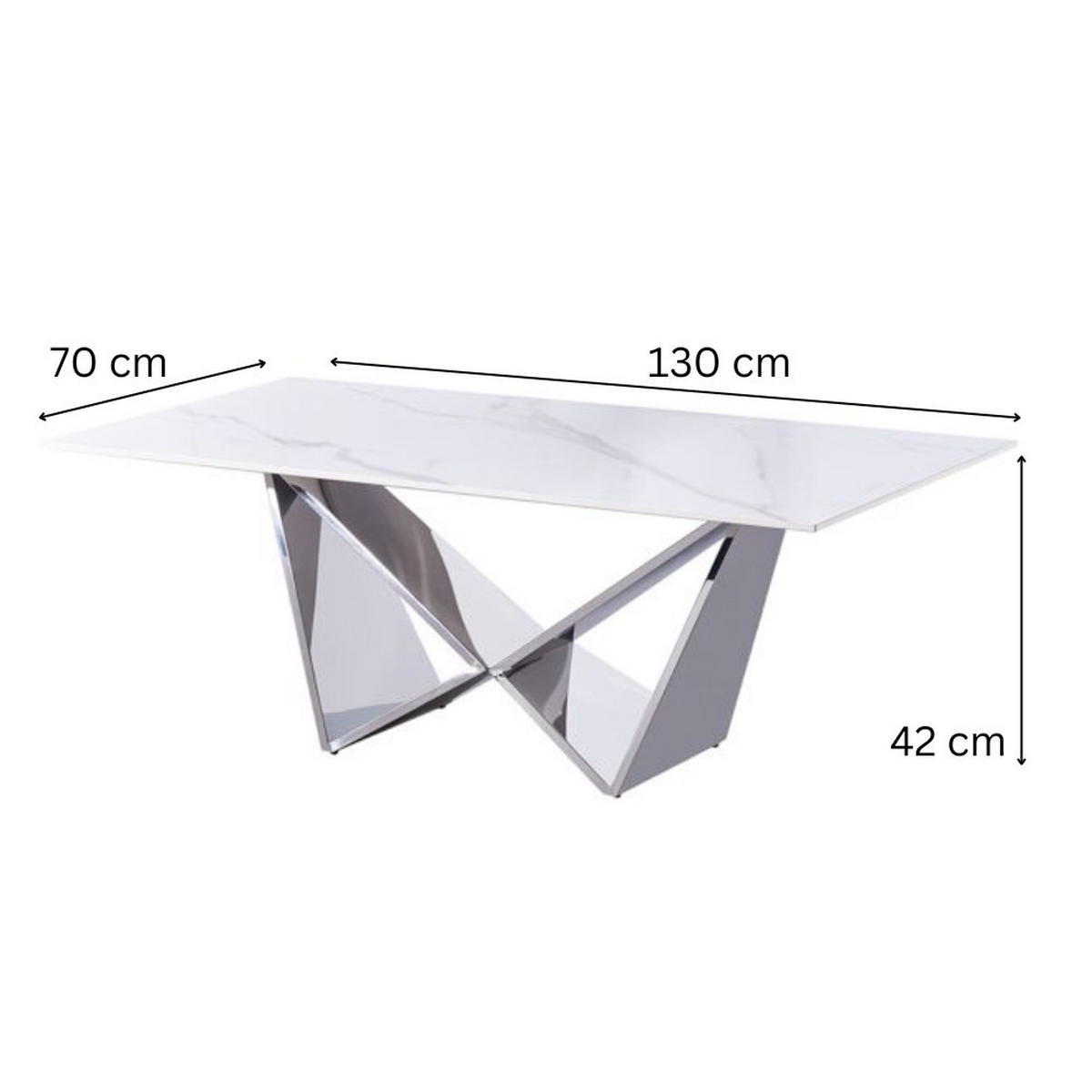 DESIGN-COUCHTISCH CENTO Rechteckiger Wohnzimmertisch in Marmor-Optik mit geometrischem Edelstahl-Gestell (130 x 70 cm) - Silberfarben, Metall (70/130/42cm) - alesvelt