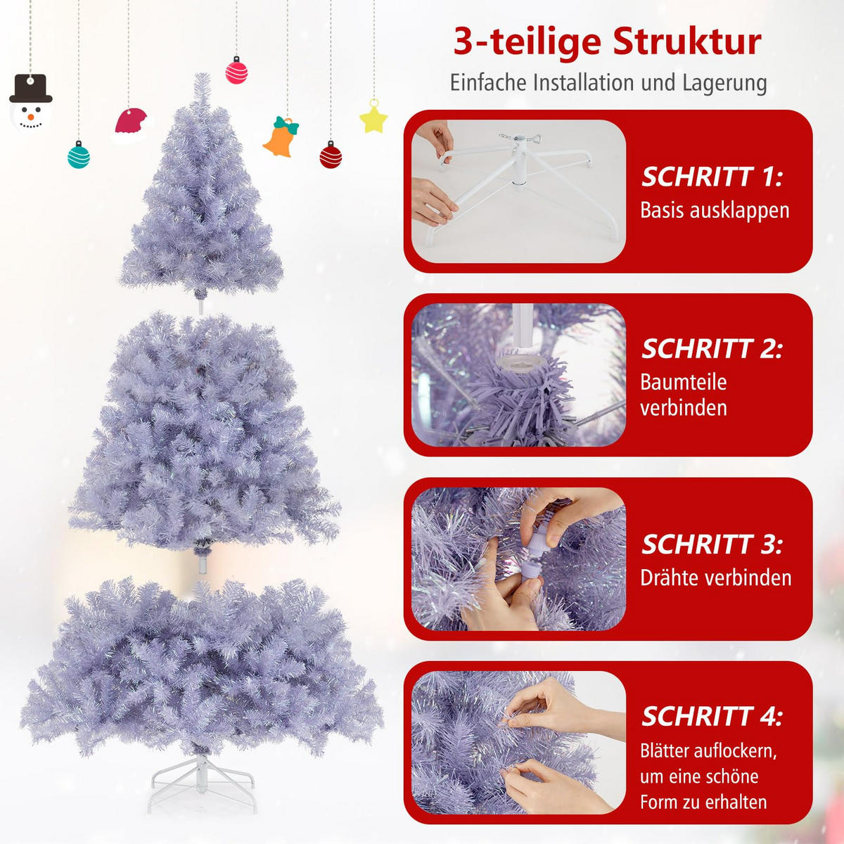 WEIHNACHTSBAUM Tannenform mit warmweißen LEDs 225 cm lavendelviolett - Lila, Metall (225cm) - COSTWAY