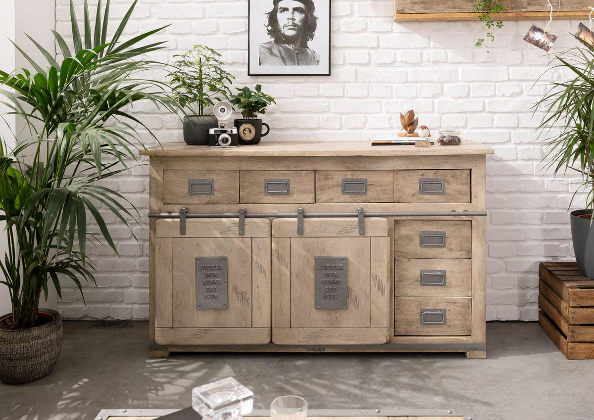SIDEBOARD Mango 150x45x90 whitewash lackiert RAILWAY #320 - Beige, Holz (150/90/45cm) - Massivmoebel24