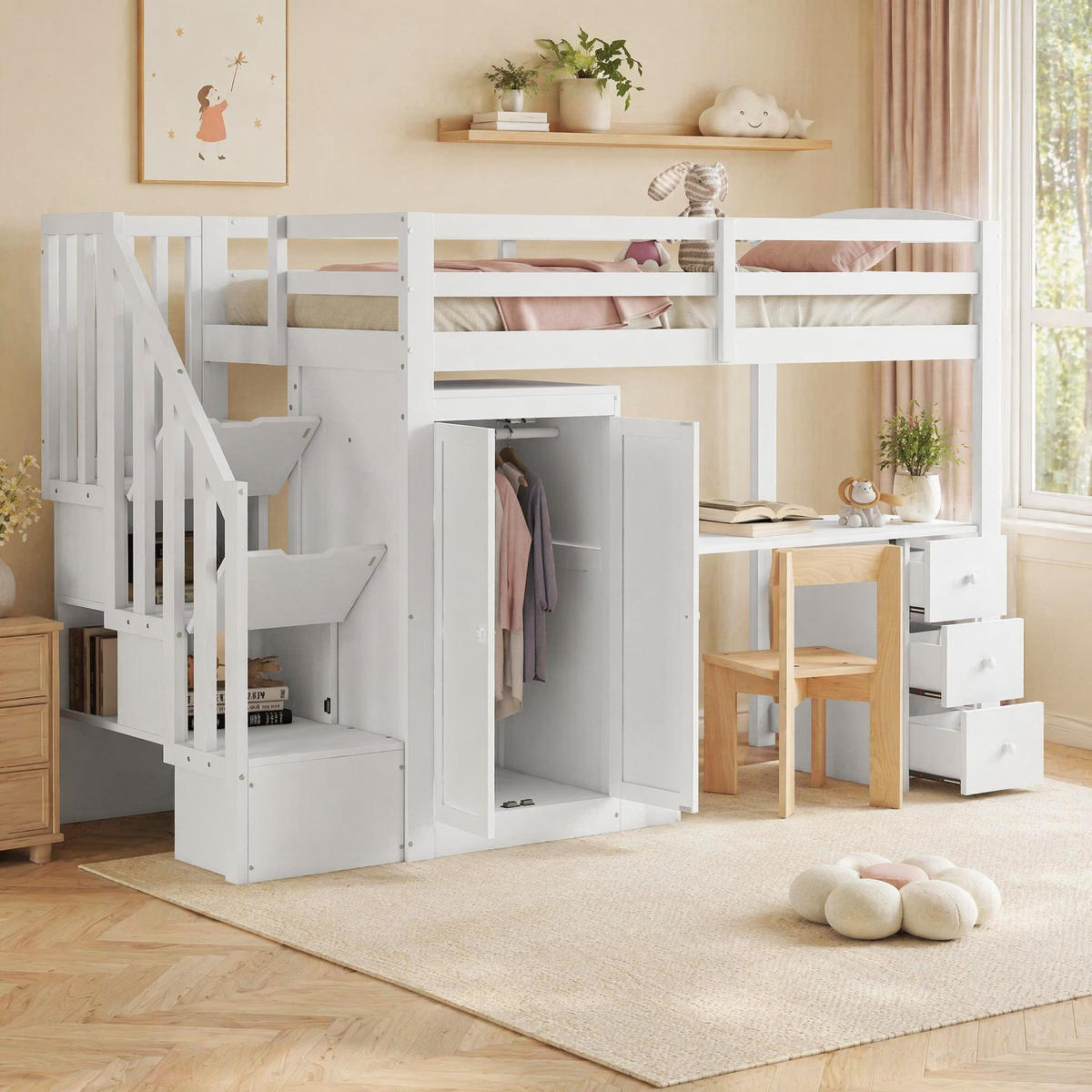 HOCHBETT 90/200 mit Schreibtisch, Kleiderschrank und Stauraumtreppe in Weiß - Weiß, Holz (90/200cm) - EVRYAE