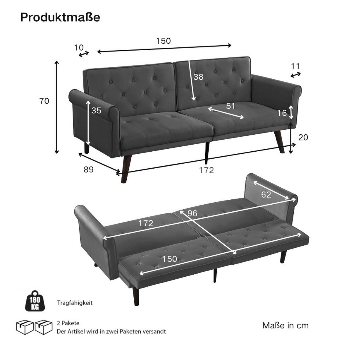 SCHLAFSOFA 2-Sitzer mit verstellbaren Rückenlehnen Samt Grau - Grau, Holzwerkstoff (172/70/89cm) - Meubliv