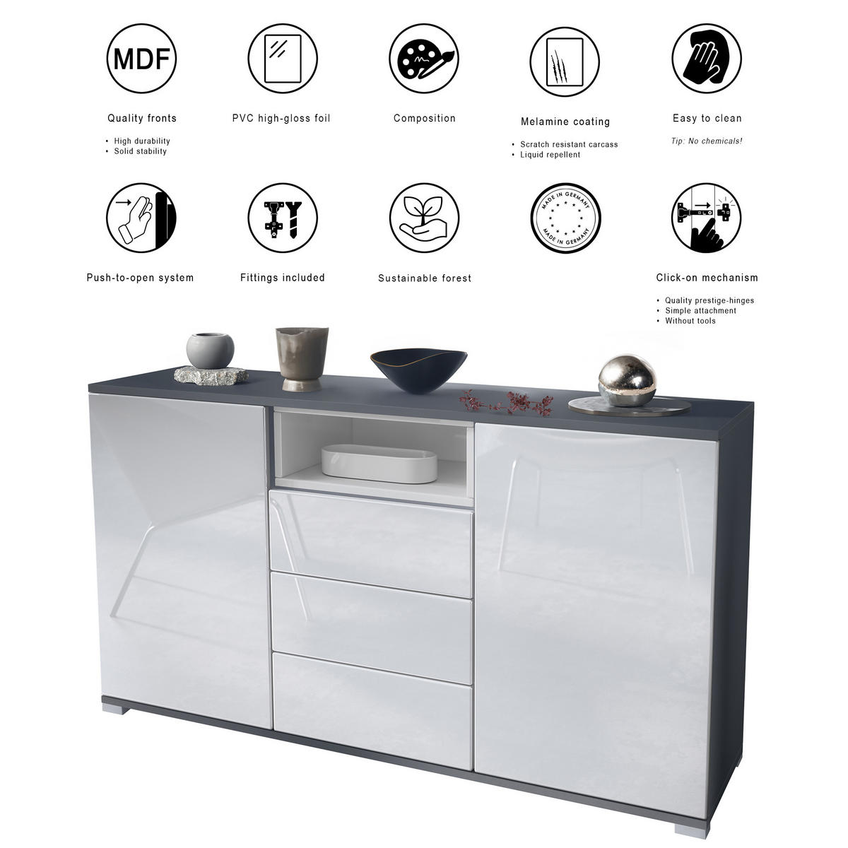 SIDEBOARD Skadu Avola-Anthrazit - Anthrazit, Holzwerkstoff (138.5/75.5/35cm) - Vladon
