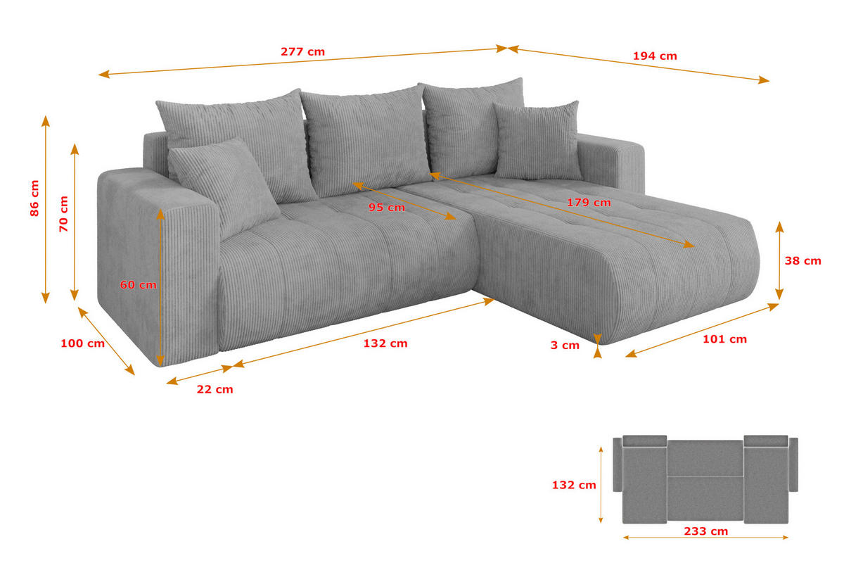 ROHOVÁ SEDAČKA s funkcí spaní, otoman vpravo MILA-L 277x194x86 šedá manšestr - šedá/černá, kompozitní dřevo/textil (277/194cm) - ALTDECOR