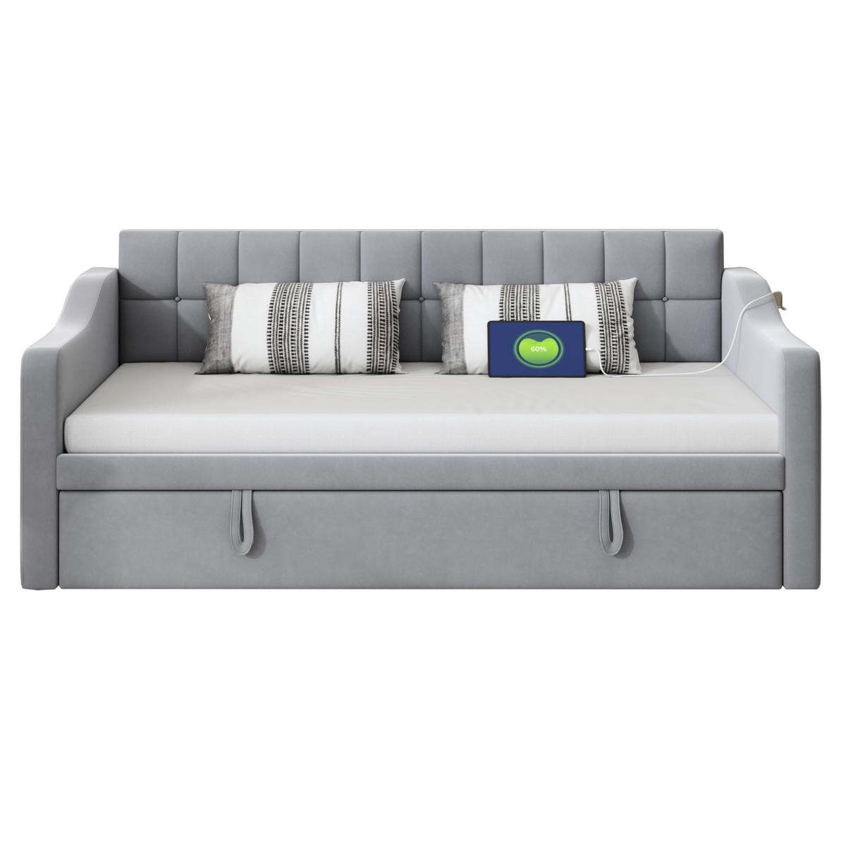 POLSTERBETT 90/190 cm aus Samtstoff mit USB-Ladeports, Hellgrau - Hellgrau, Textil (90/190cm) - OKMYHOME
