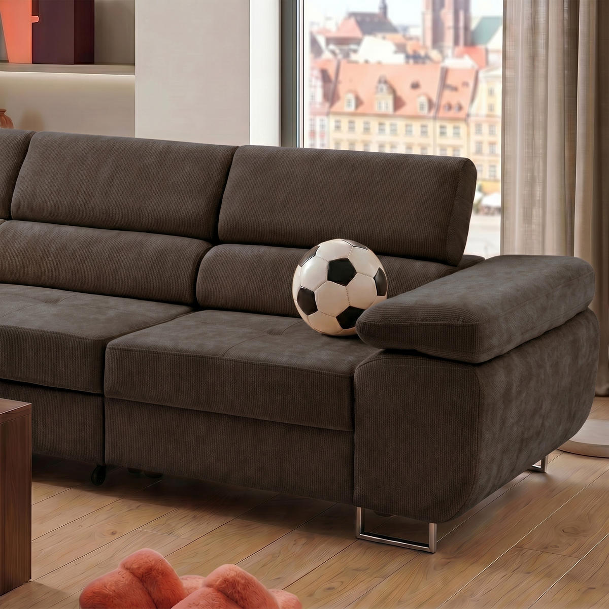ECKSOFA WILD MAXI L Links mit Schlaffunktion 125x195 Chenille Dunkelbraun - Chromfarben/Dunkelbraun, Holz/Textil (350/203cm) - Muffo