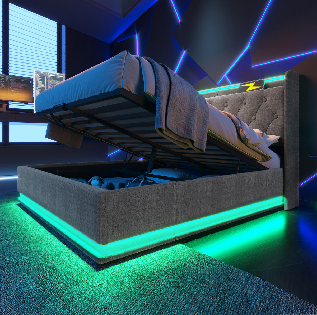 ČALOUNĚNÁ postel 160/200 cm šedá, s LED osvětlením, USB-C a úložným prostorem - šedá, textil (160/200cm) - BEAOK