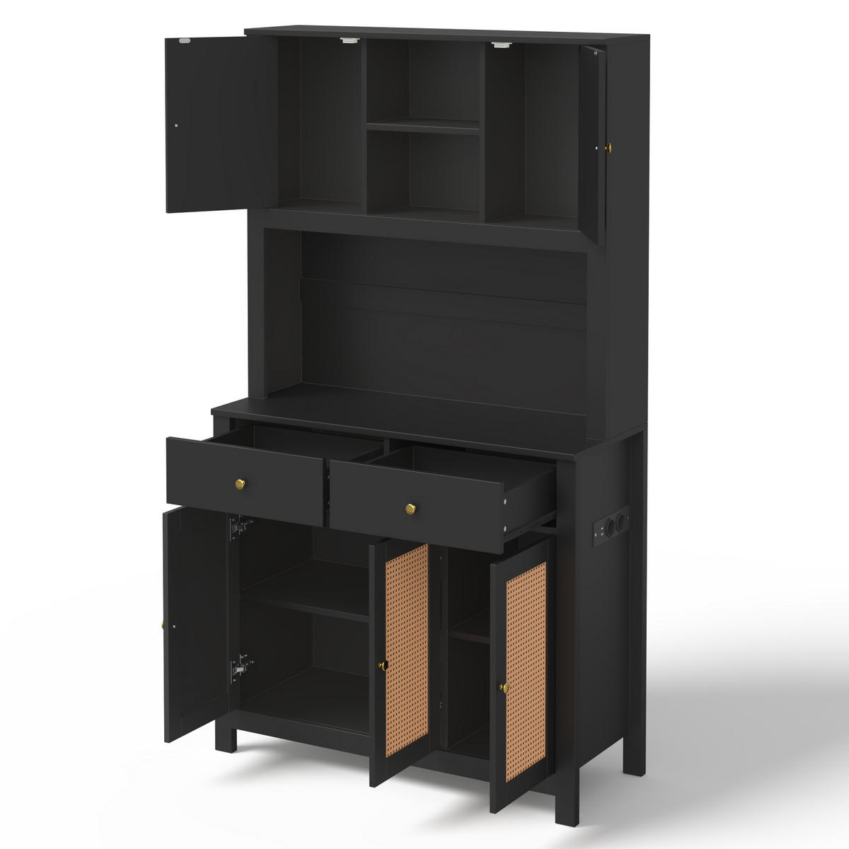 BUFFET DE-38637 100/40/180 cm LED-Beleuchtung und 5 Rattantüren Schwarz - Schwarz, Holzwerkstoff (100/180/40cm) - ComfortXL