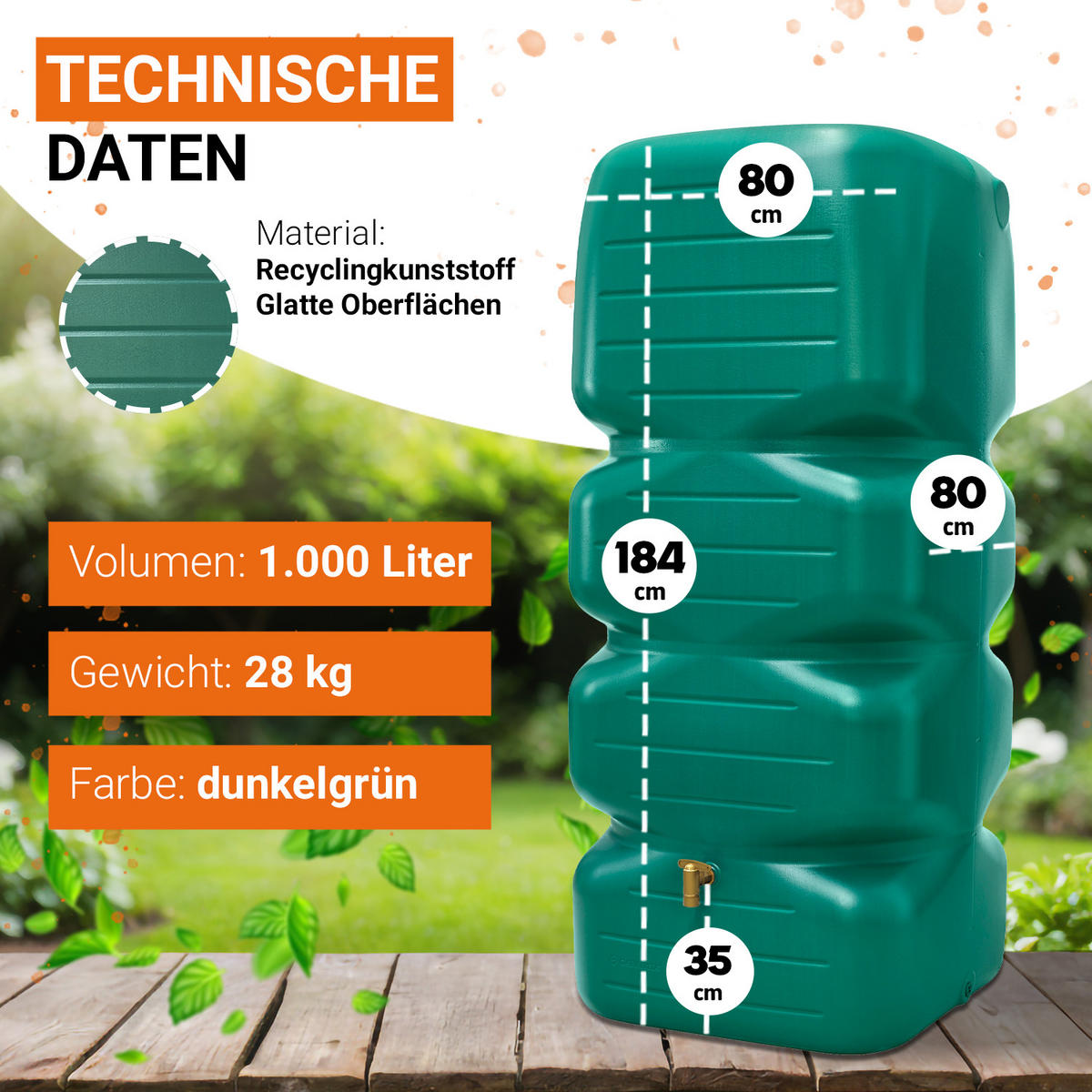 REGENTONNE Komplett-Set 1000 L, dunkelgrün inkl. Kunststoff-Auslaufhahn und Fallrohranschluss - Grün, Kunststoff (80/184/80cm) - GARANTIA