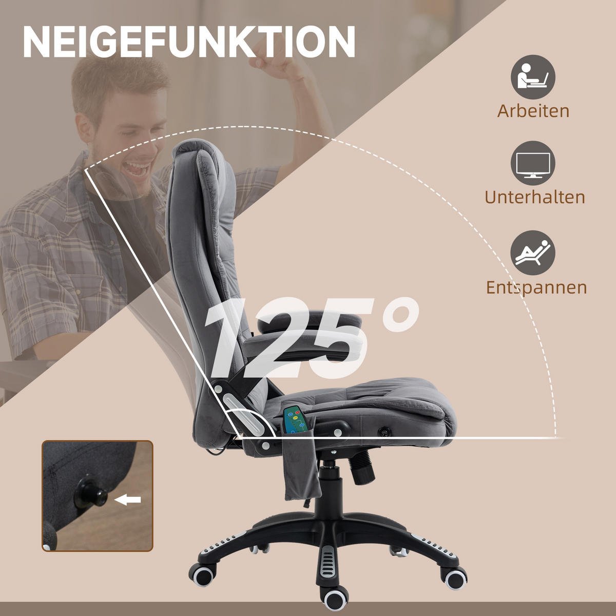 MASSAGE-BÜROSTUHL mit Wippfunktion, Schreibtischstuhl mit Heizfunktion, Grau - Dunkelgrau/Schwarz, Kunststoff/Textil (74/116/67cm) - Vinsetto
