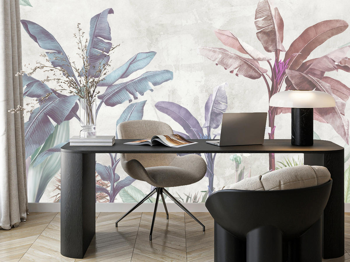 FOTOTAPETE für Schlafzimmer Bunte Bananenblätter Tropen Bäume 500x350 - Beige/Rot, Papier (500/350cm) - Muralo