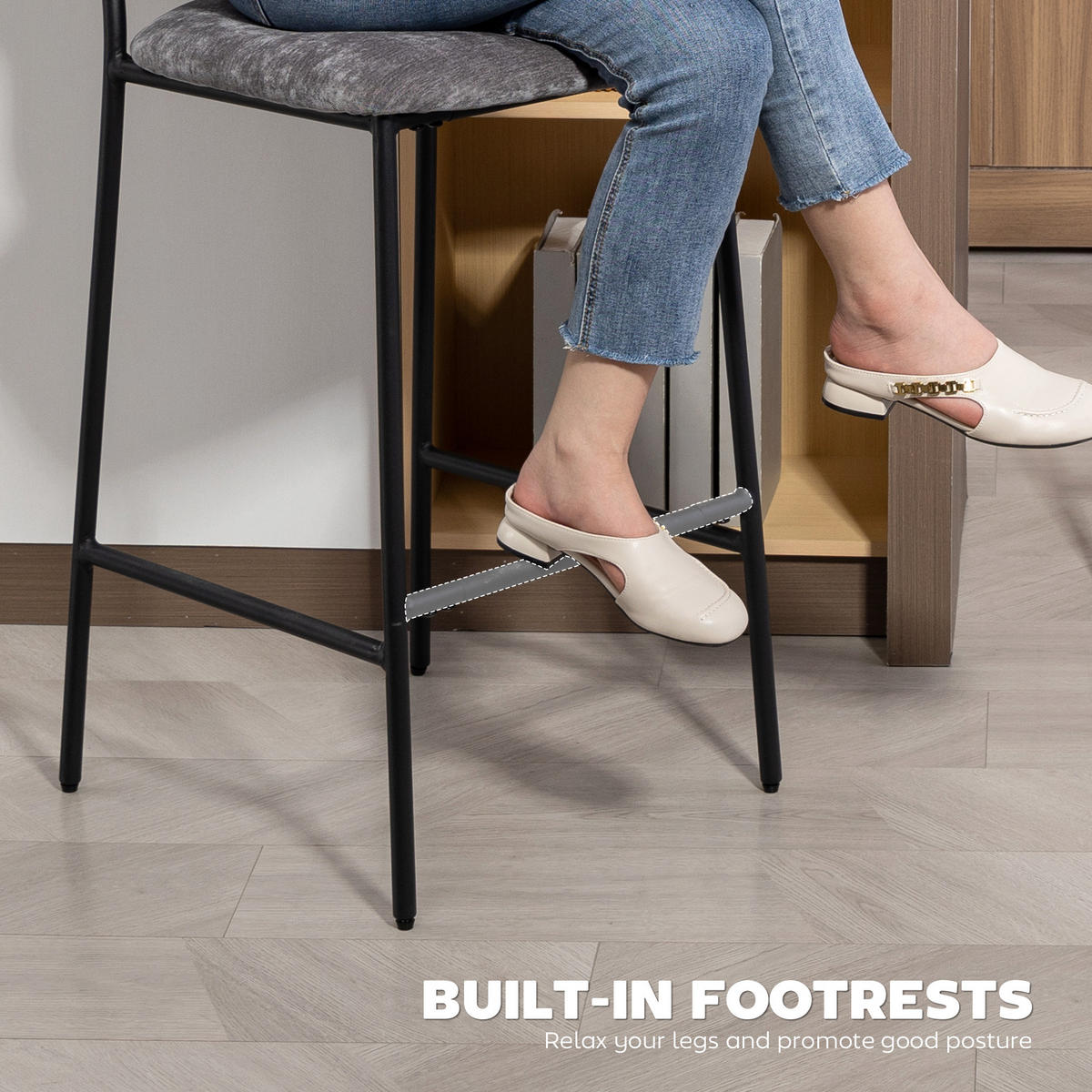 BARHOCKER 2er Set Barstuhl, Tresenhocker mit Fußstütze, Rückenlehne Grau - Schwarz/Grau, Textil/Metall (45.5/101/48cm) - HOMCOM