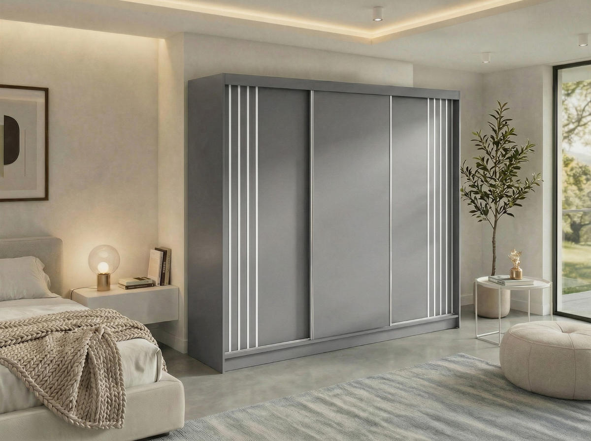 SCHWEBETÜRENSCHRANK mit Lamellen und Schubladen NAURU - 240 - Grau und Weiß - Alufarben/Weiß, Holzwerkstoff/Metall (240/216/61cm) - MKS