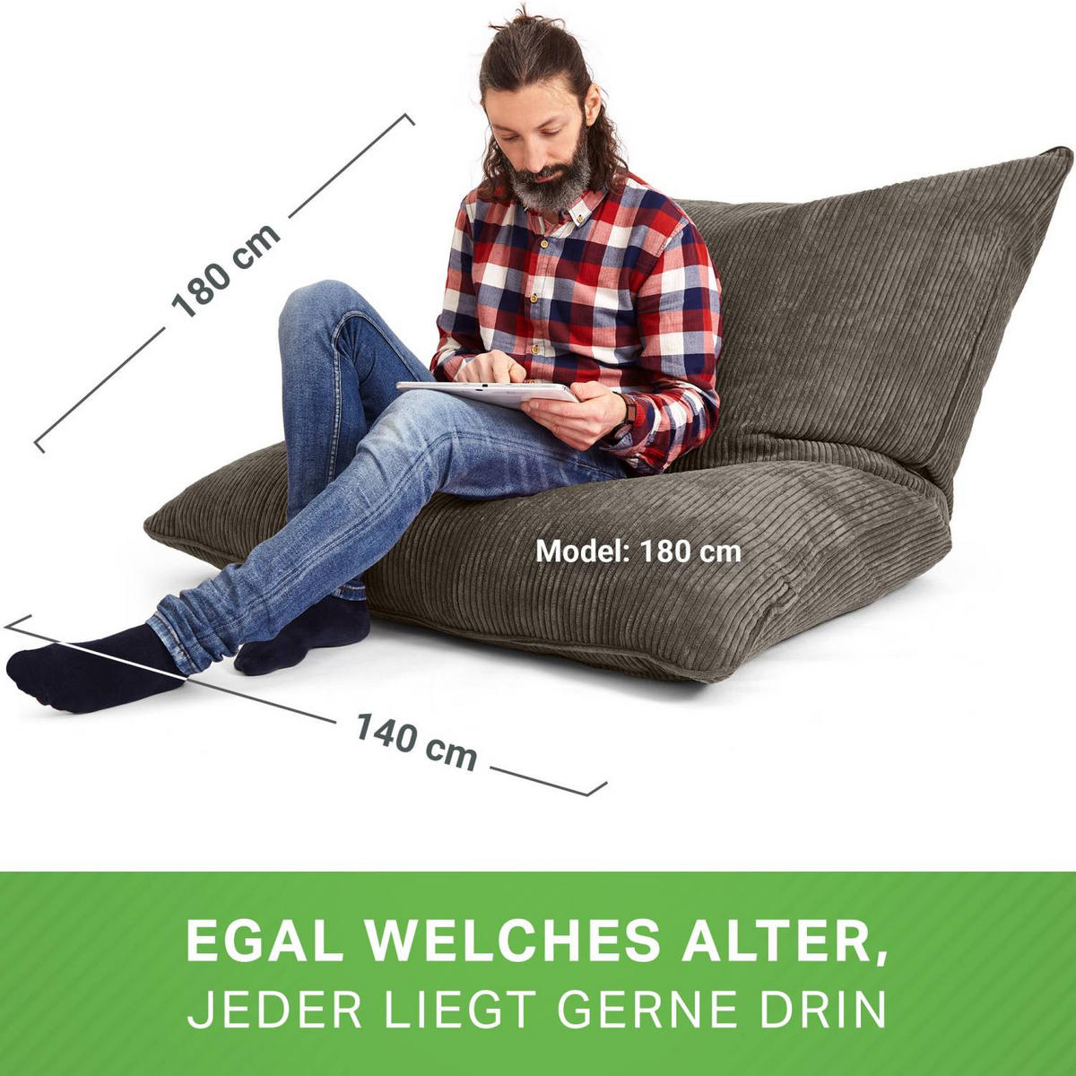 SITZSACK XXL "Square" aus Cord – 370 L - Anthrazit, Textil (140/25/180cm) - Green Bean