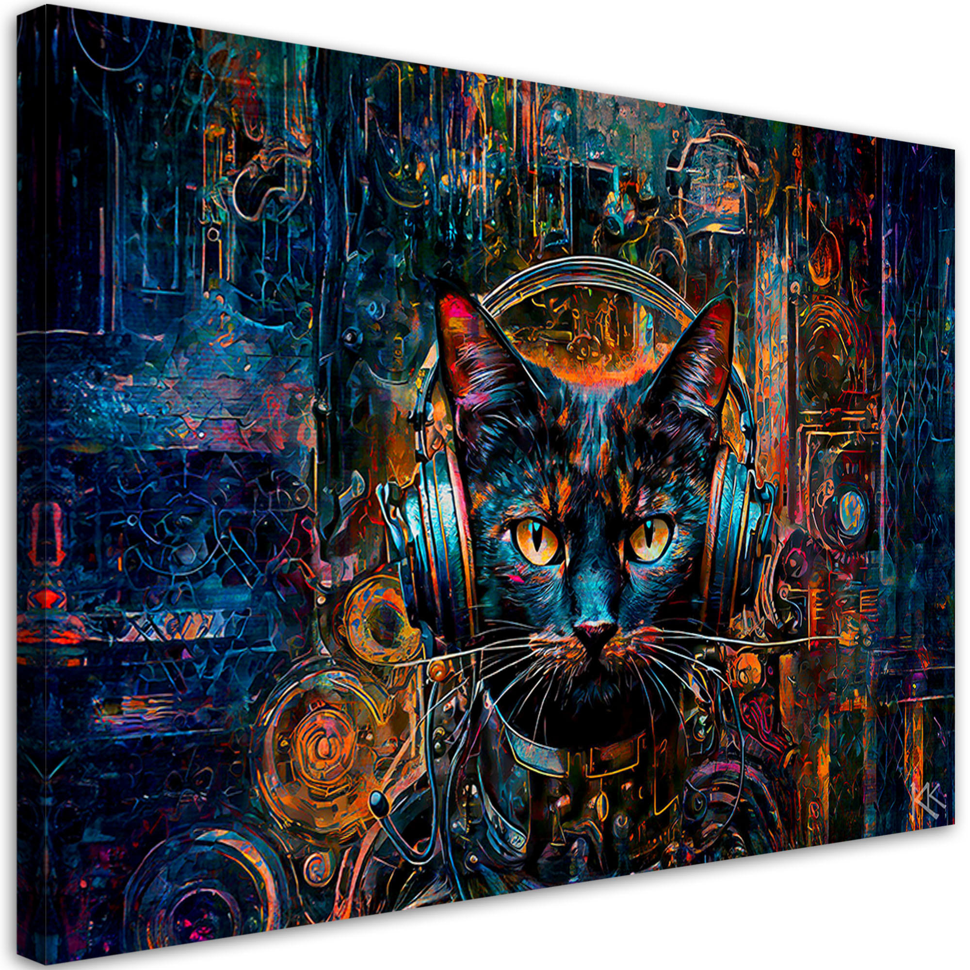 LEINWANDBILD DJ Katze in abstrakten Farben 100x70cm - Blau, Textil (100/70cm) - Feeby