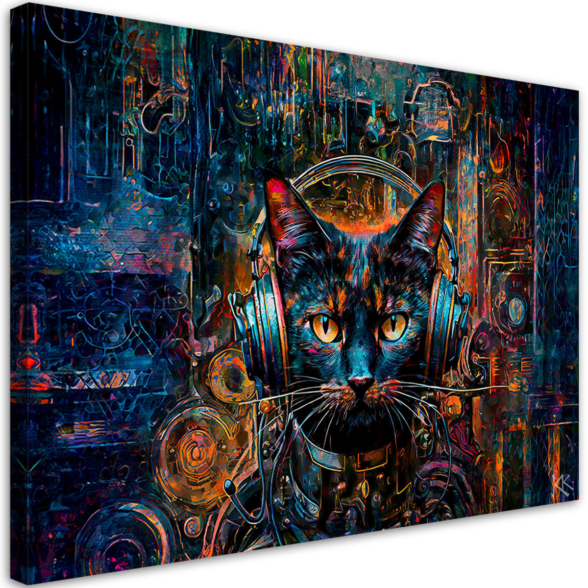 LEINWANDBILD DJ Katze in abstrakten Farben - Blau, Textil (60/40cm) - Feeby