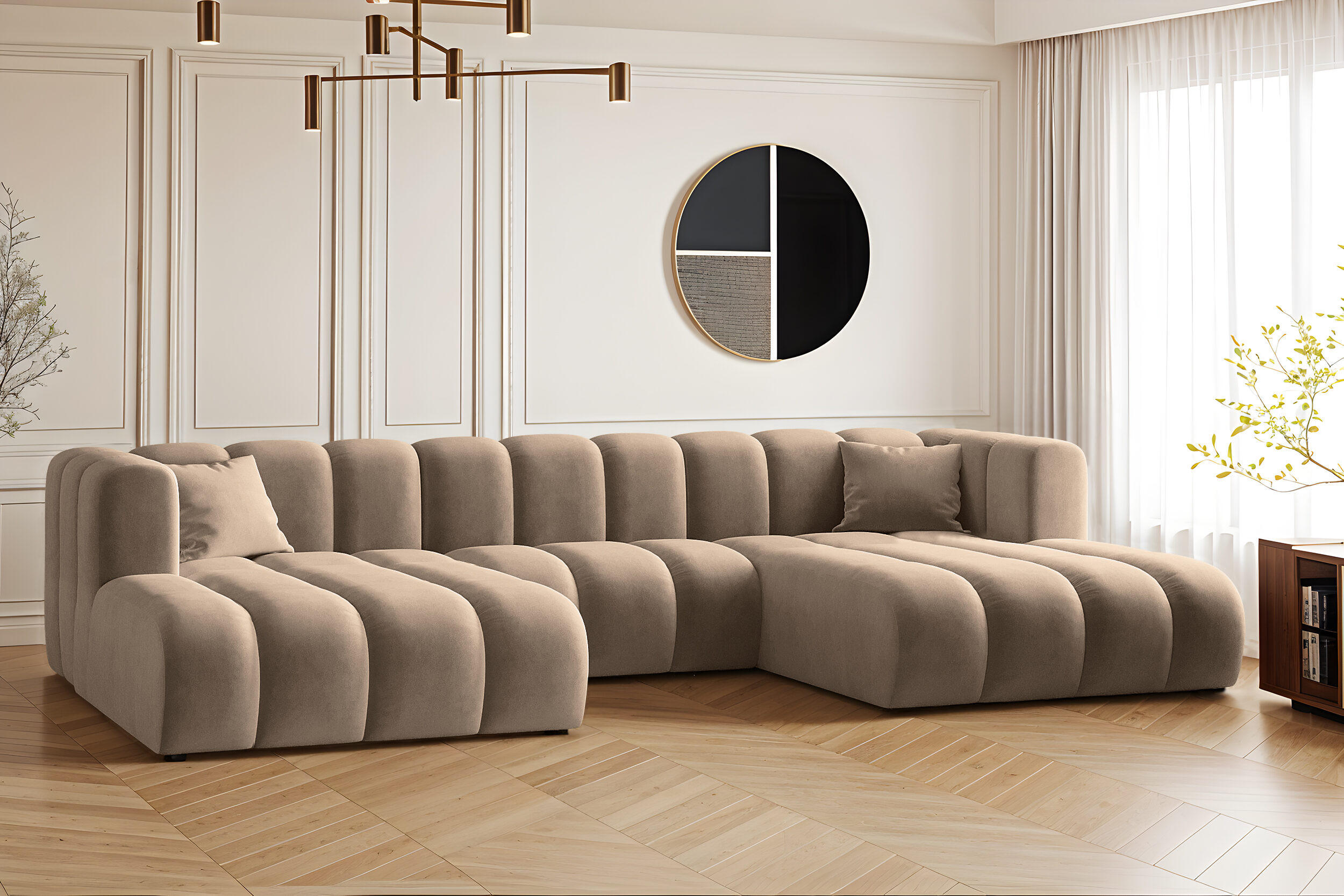 ECKSOFA U-from Grand modular Stoff Salvador Dunkelbeige - Cappuccino, Holz (317/179cm) - Kaiser Möbel