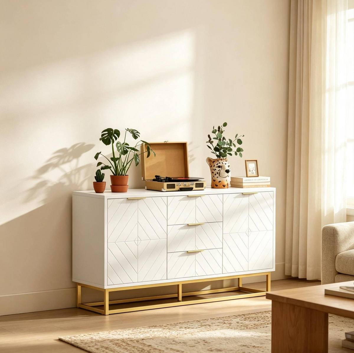 SIDEBOARD in Weiß und Gold 120x40x76 cm mit 2 Türen und 3 Schubladen - Weiß, Holzwerkstoff (40/76/120cm) - IVMEU