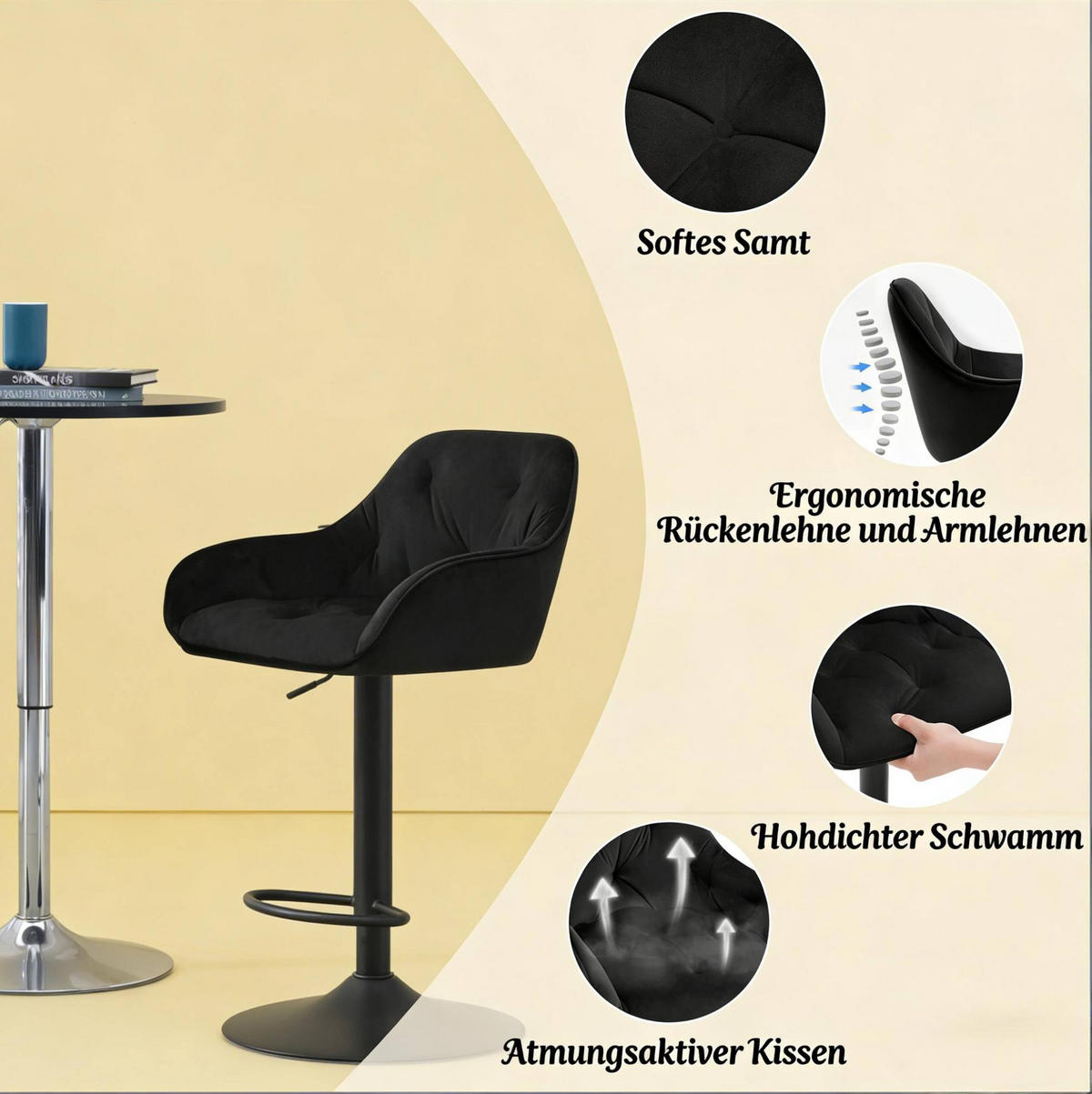 BARHOCKER 2er-Set höhenverstellbar drehbar Samt Schwarz - Schwarz, Metall (37/108.5/37.5cm) - Meubliv