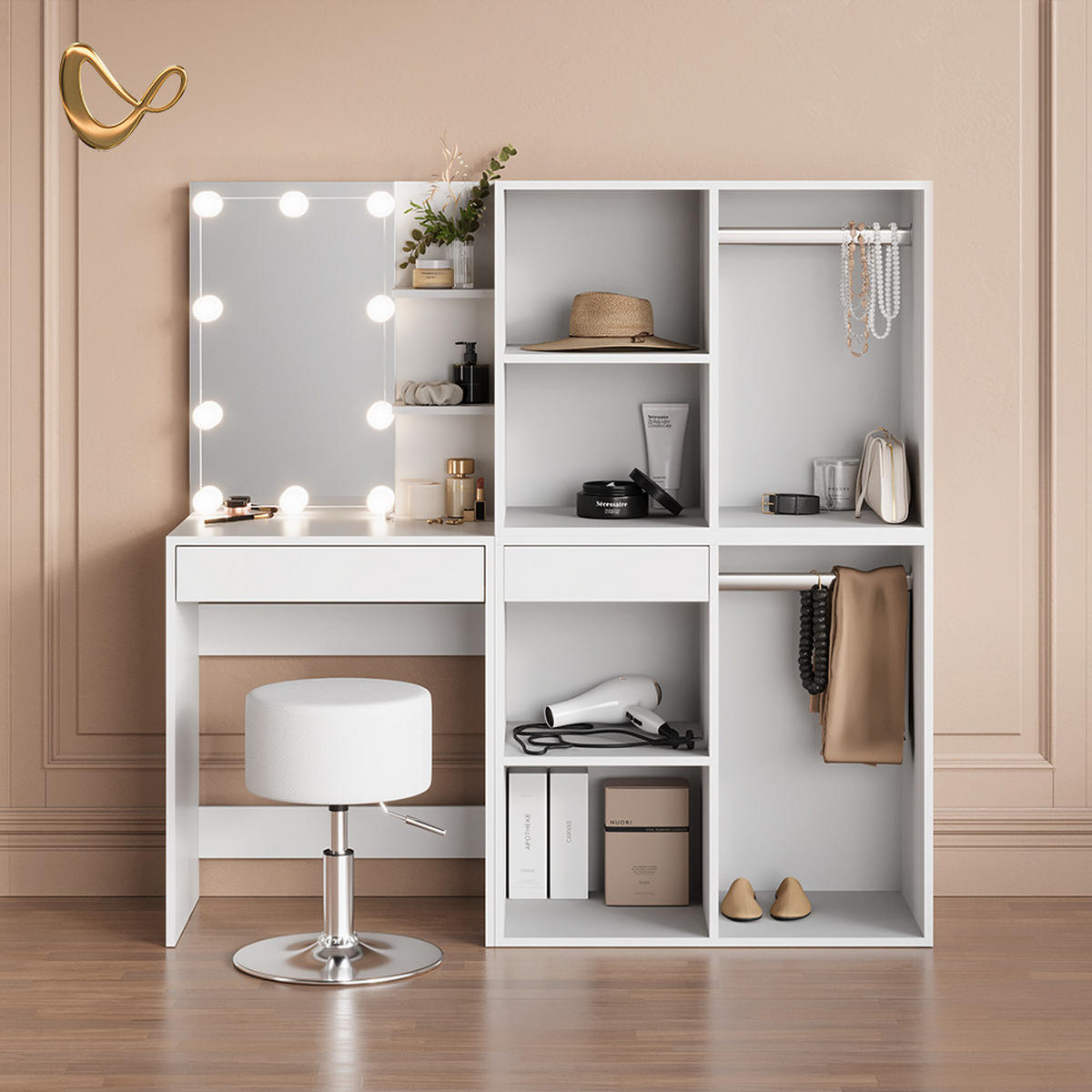 SCHMINKTISCH Nola Weiß mit LED, Hocker und Schränken - Weiß, Holzwerkstoff (140/140/40cm) - Livinity®