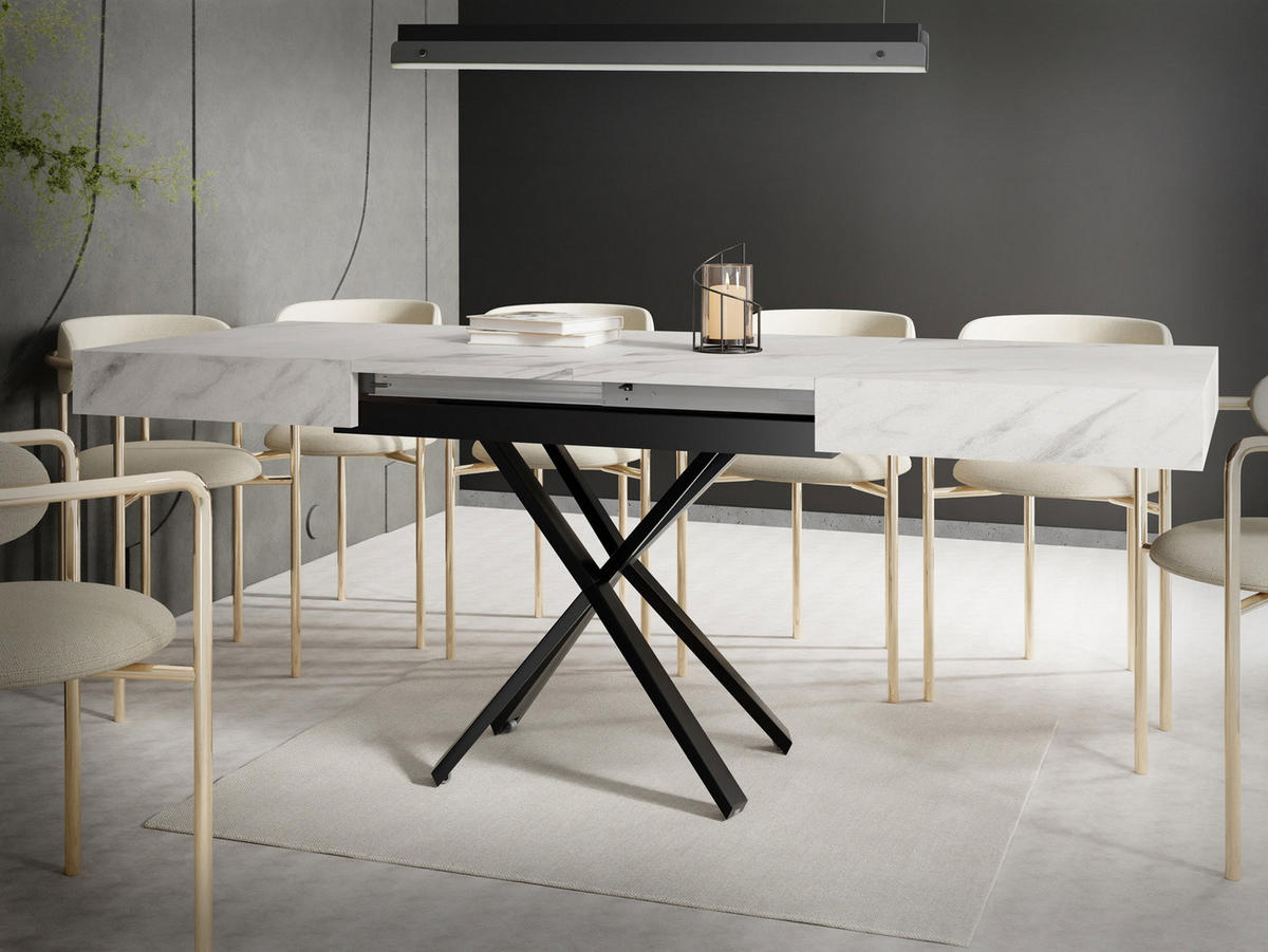 COUCHTISCH Cavetta X höhenverstellbar ausziehbar, Marmor Weiß 120-200/80/27-76 cm - Ecru/Schwarz, Holzwerkstoff/Metall (80/200/76cm) - WFL GROUP