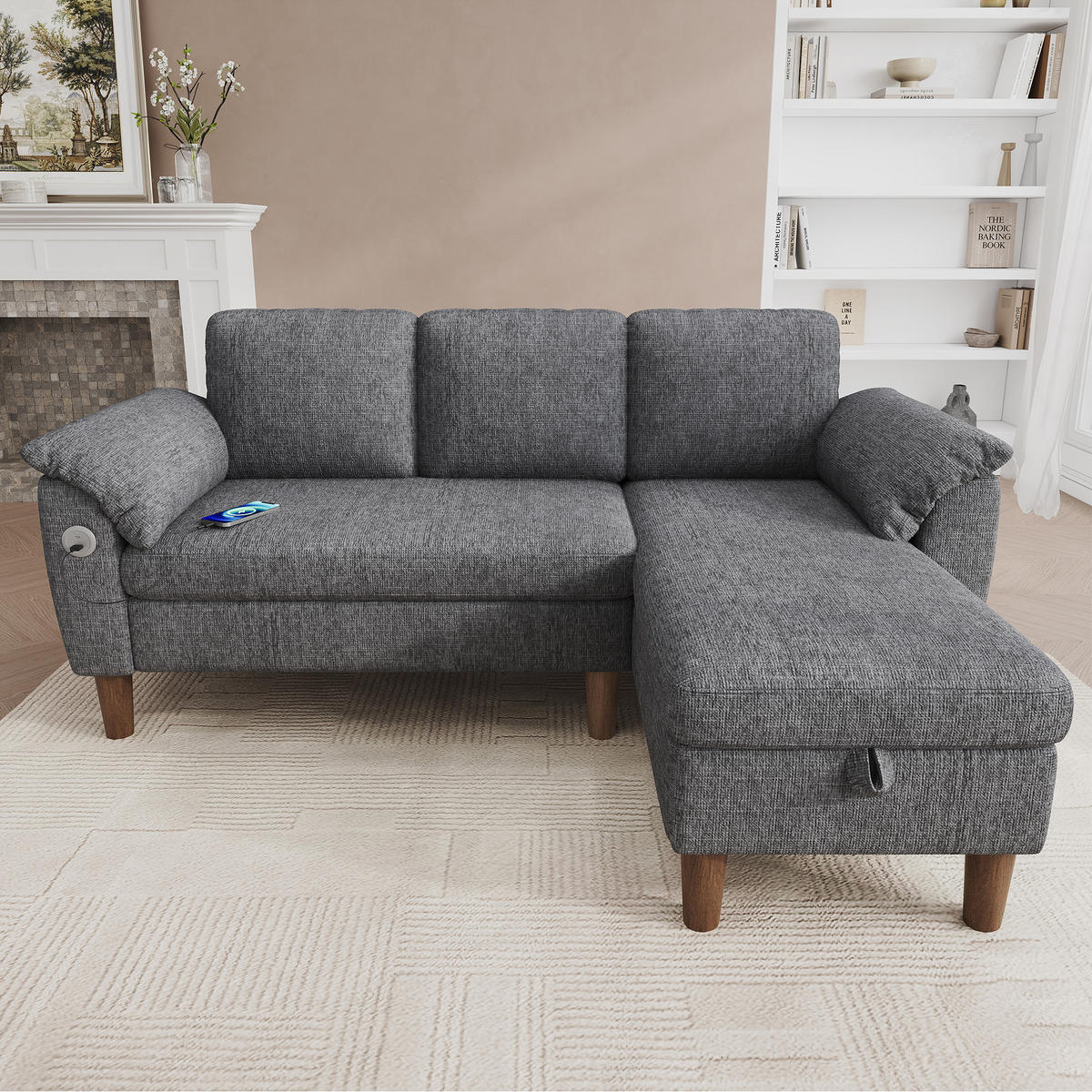 ECKSOFA mit Chenille Bezug, L Form, Stauraum, USB/Type-C, Taschenfederkern und Kissen - Hellgrau, Textil (181/125cm) - EVRYAE