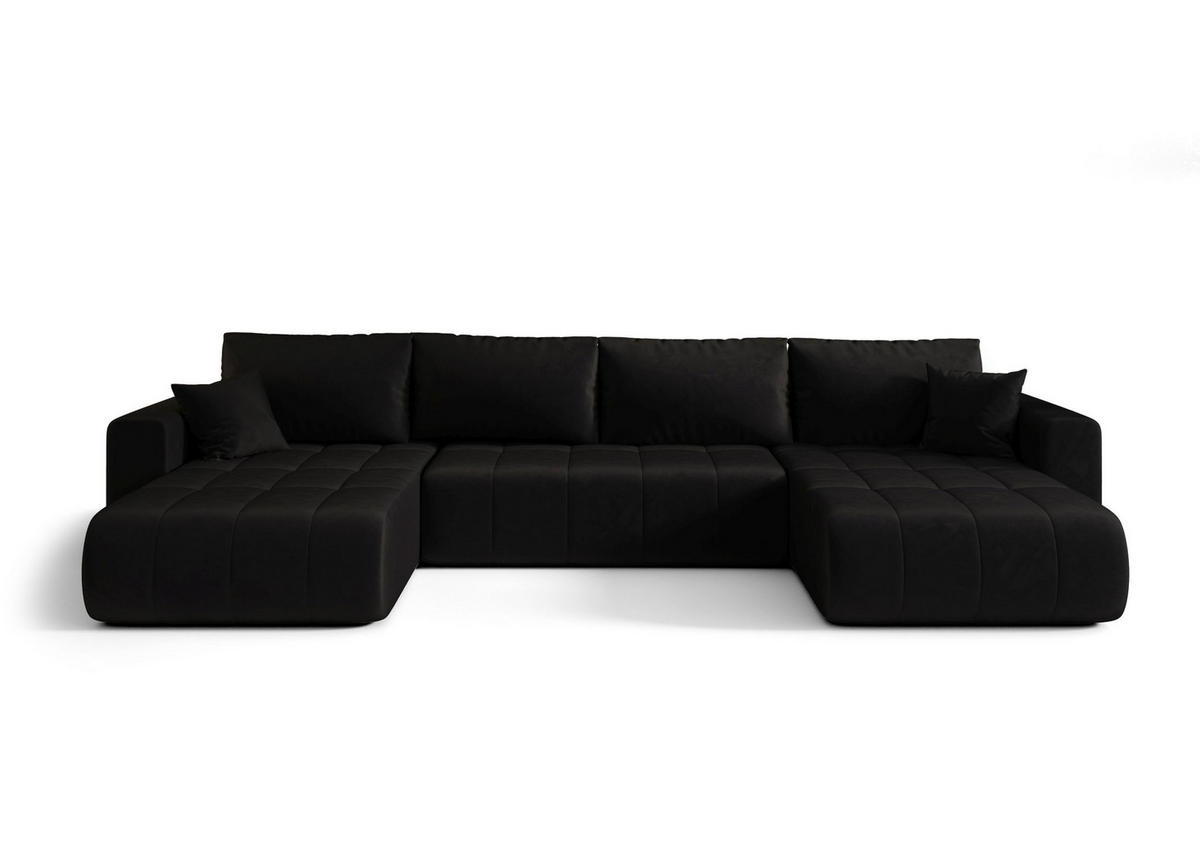 WOHNLANDSCHAFT LARA U-Form schwarz Velours Monolith 97 - Schlaffunktion, Bettkasten - Schwarz, Textil (385/85/175cm) - Cornero