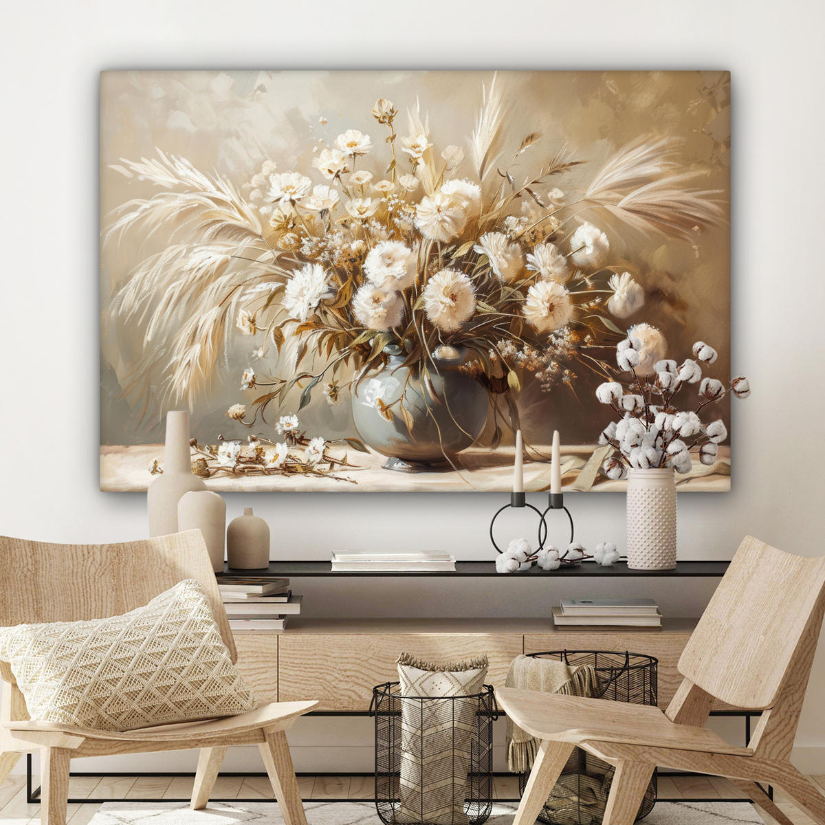 LEINWANDBILD Blumen - Vase - Stilleben - Beige XXL 150x100 cm - Creme, Textil (150/100cm) - MuchoWow