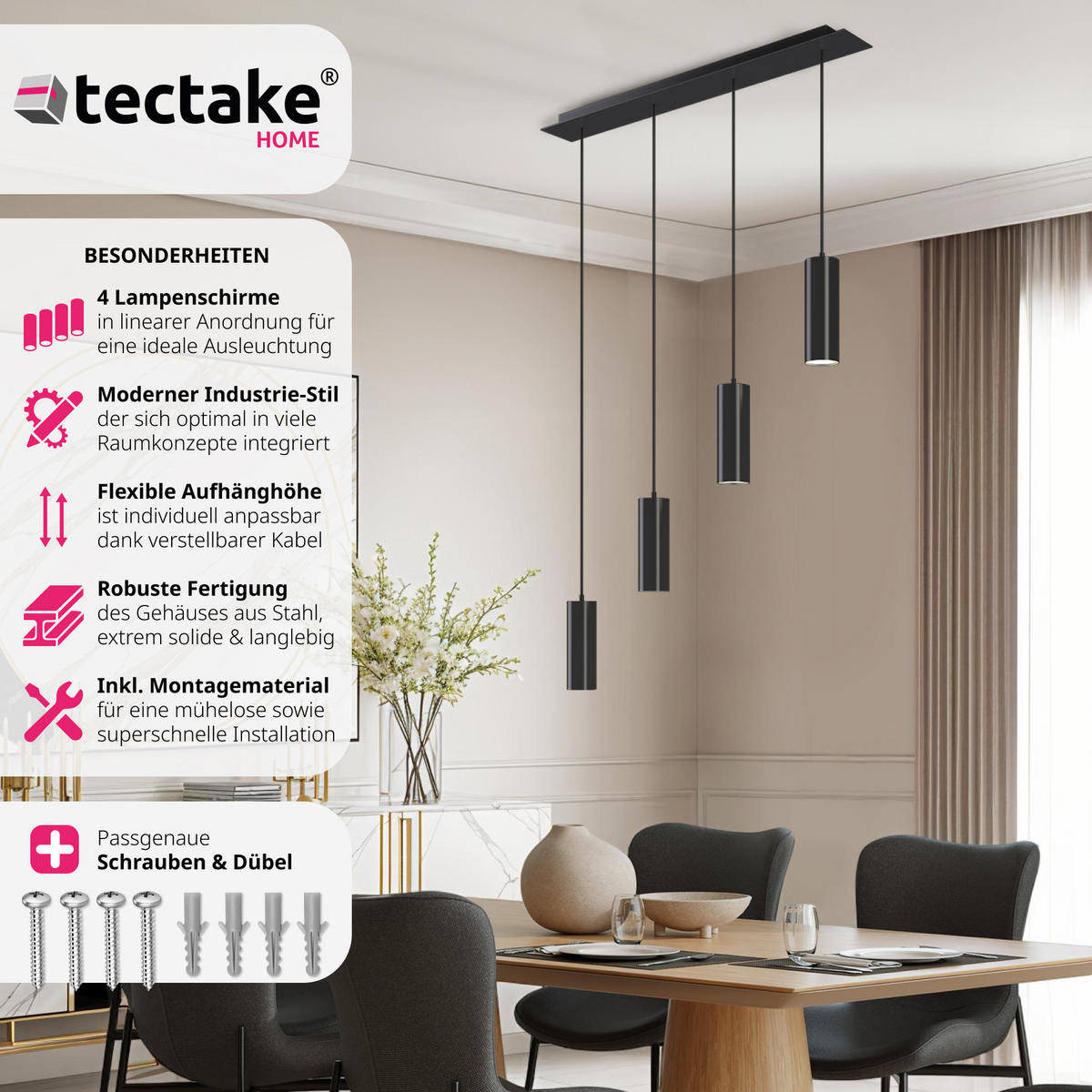 HÄNGELEUCHTE Lumea,75 x 9 x 146 cm ,schwarz - Schwarz, Metall (9/75/146cm) - tectake