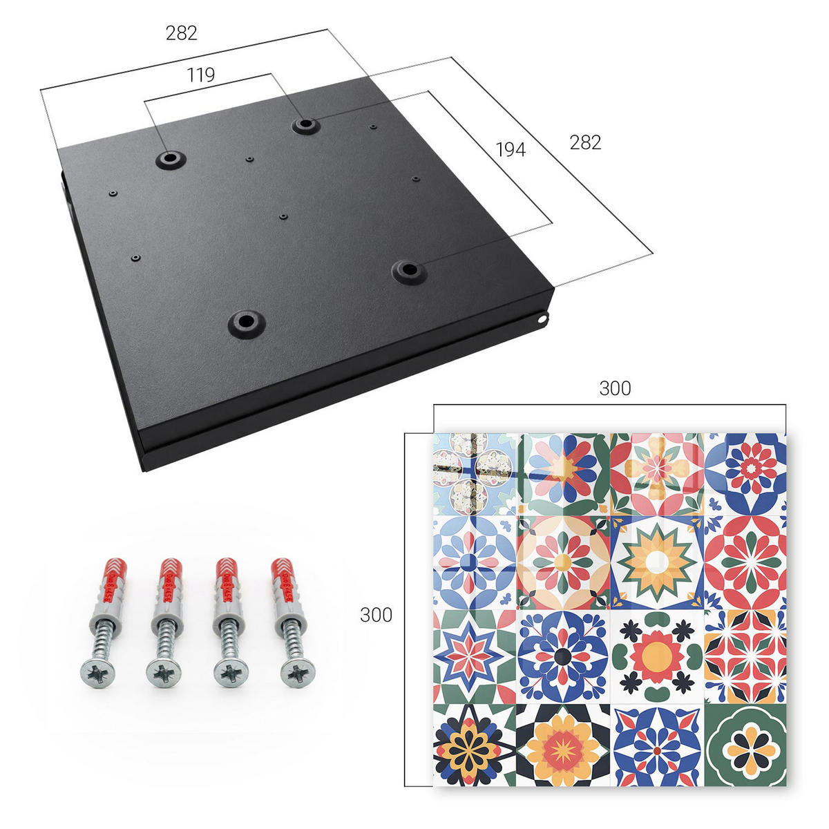 SCHLÜSSELBOX Schwarz 30x30 cm- Türöffnung nach rechts - Blumenmosaik - Blau, Metall (30/30/5cm) - TULUP