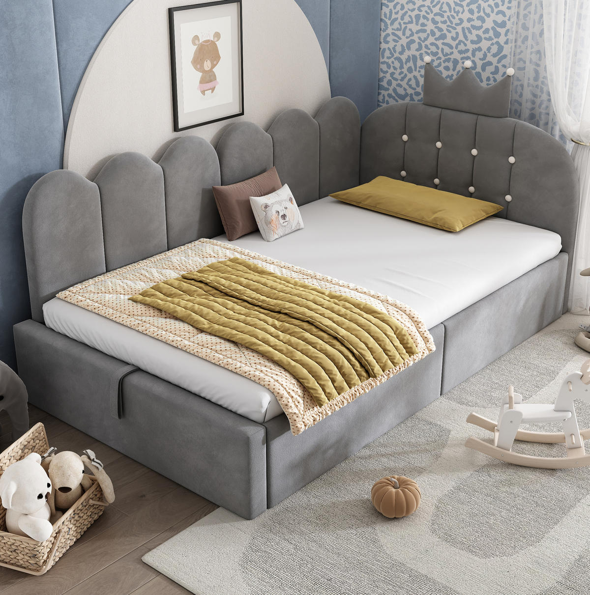 ČALOUNĚNÁ postel 90/190 cm šedá z sametu s korunkovým čelem a úložným prostorem - šedá, textil (90/190cm) - OKWISH