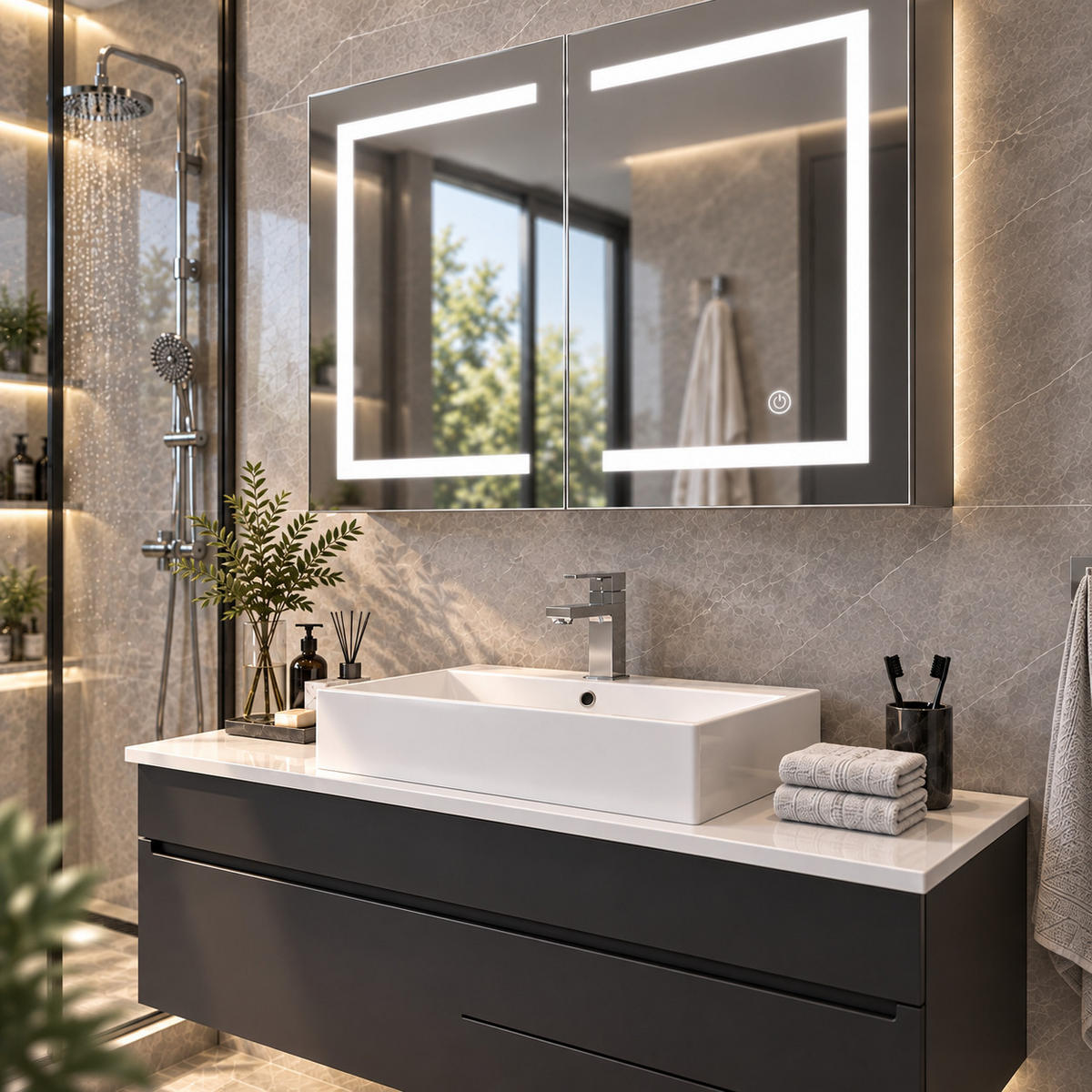 SPIEGELSCHRANK LED 80/60/13.5 cm mit Aufbewahrung, dimmbar, Touch-Schalter, moderner Badezimmer Spiegel mit Stauraum - Weiß, Glas (80/60/13.5cm) - Joyfair