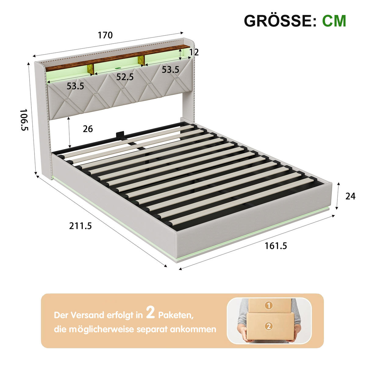 POLSTERBETT 160/200 cm Beige mit hydraulischem Stauraum, LED mit Ablage und USB - Beige, Metall (160/200cm) - EuroLiving