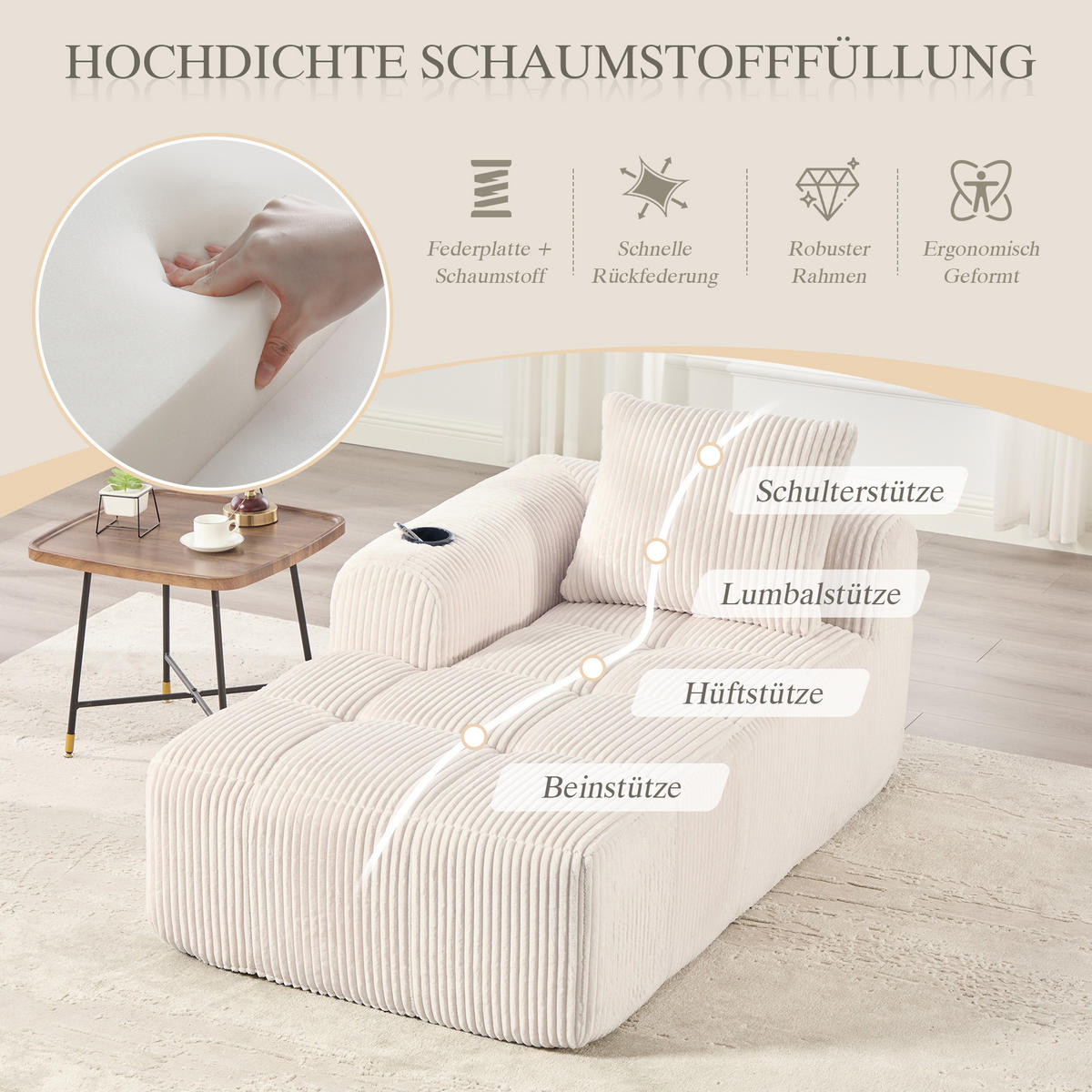 CHAISELONGUE in Cord (158 cm) mit Getränkehalter & Seitentaschen - Beige, Textil (158/61/93cm) - Urban Meuble