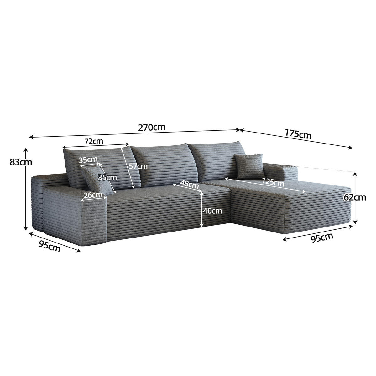 ECKSOFA 270/175/83 cm Grau Cord mit Chaiselongue, Rechte Seite - Grau, Textil (270/175cm) - Oxeza