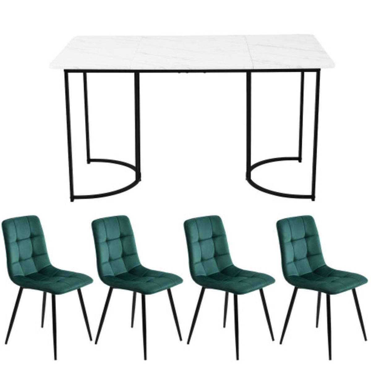 ESSGRUPPE 5-teilig mit Marmor-Look-Tisch 140×80 und vier grünen Samtstühlen, grau-grün - Grün, Holzwerkstoff (80/75/140cm) - Luhomfu