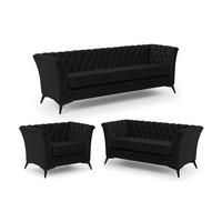 SITZGARNITUR 3+2+1 Chesterfield Whitby Schwarz Samt mit schwarzen Füßen - Schwarz, Holz/Textil (237/78/82cm) - S-Style Möbel