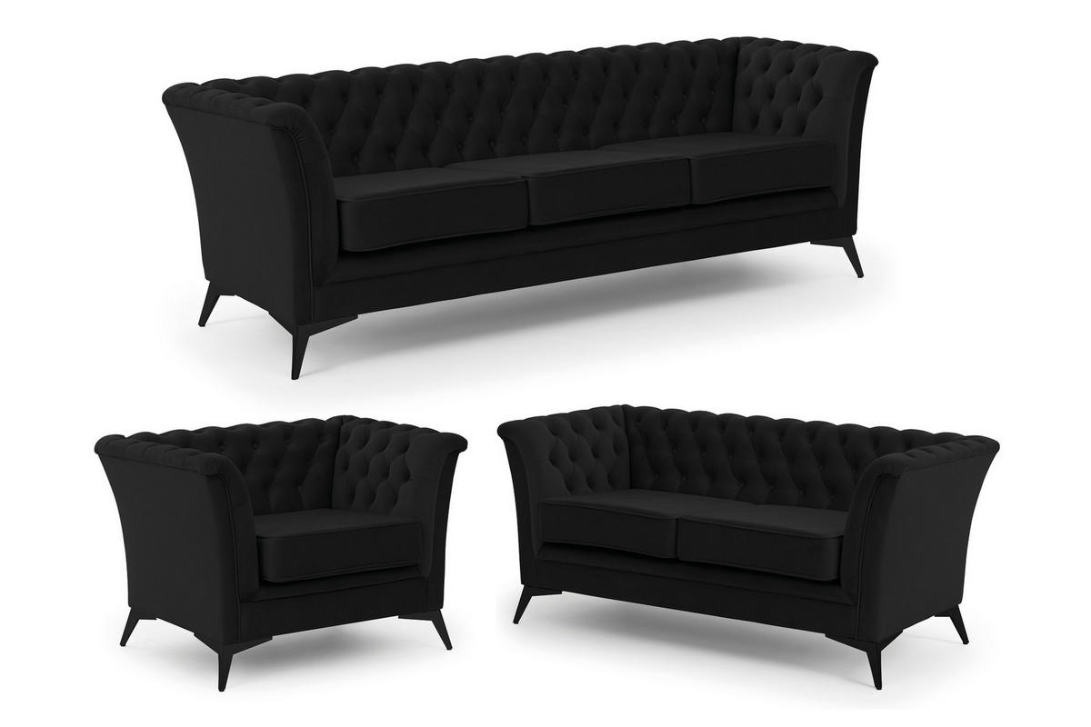 SITZGARNITUR 3+2+1 Chesterfield Whitby Schwarz Samt mit schwarzen Füßen - Schwarz, Holz/Textil (237/78/82cm) - S-Style Möbel